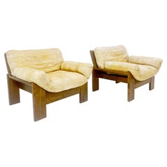 Retro Pair of Mid-Century Leather Patchwork Wooden Armchairs, 1970s