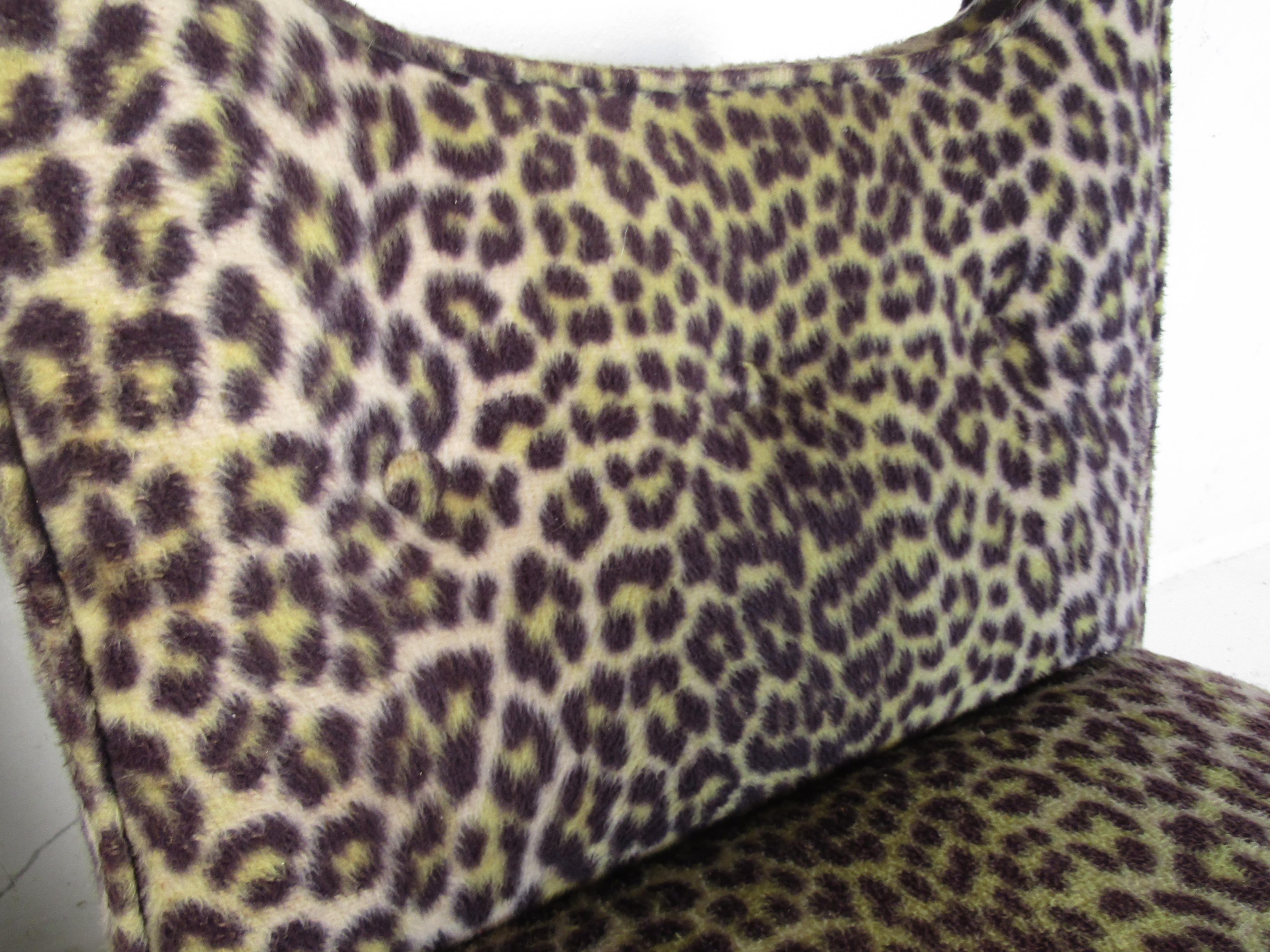Pair of Midcentury Leopard Print Lounge Chairs with Ottoman For Sale 3