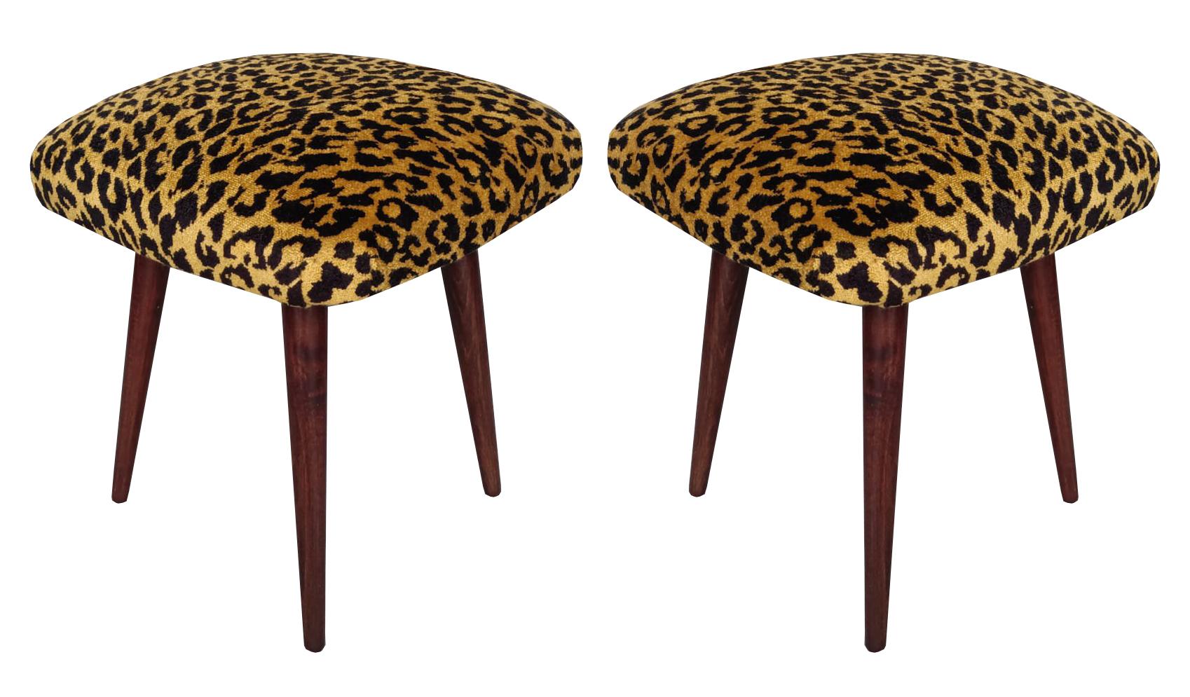 Hand-Crafted Pair of Mid Century Leopard Velvet Stools, Europe, 1960s For Sale