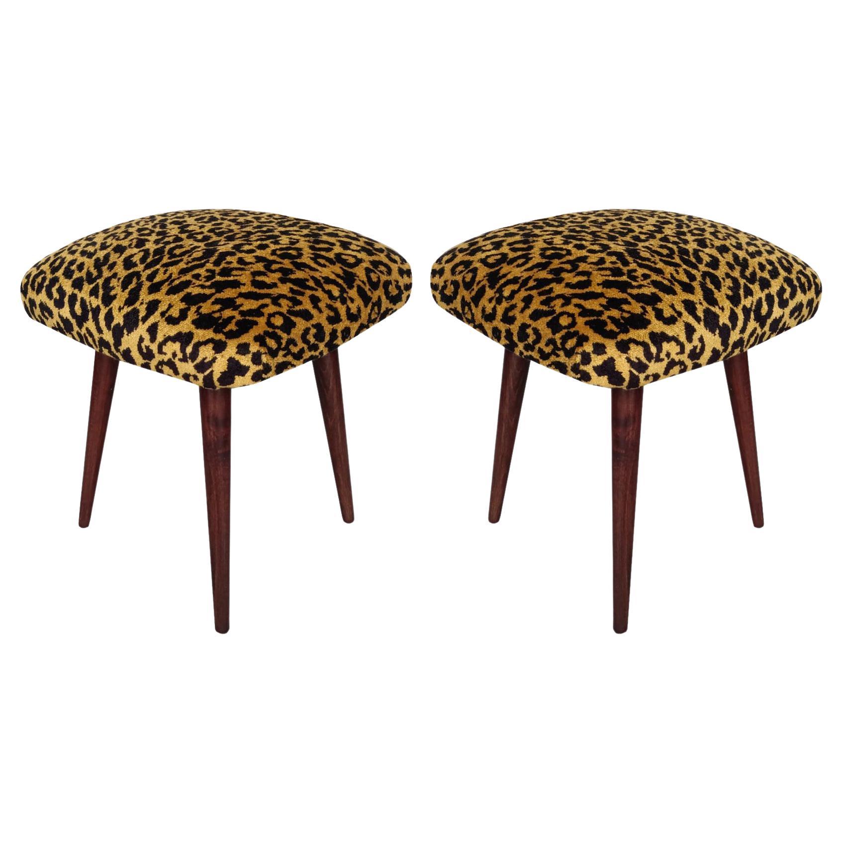 Pair of Mid Century Leopard Velvet Stools, Europe, 1960s For Sale