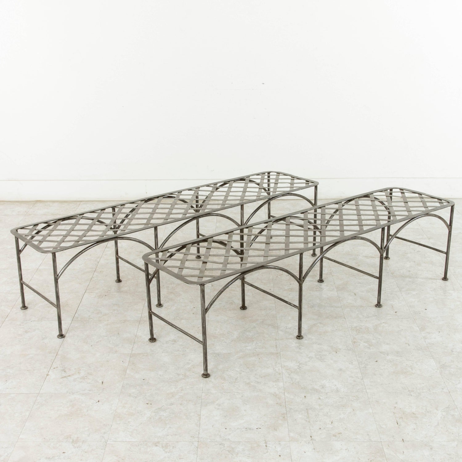 Pair Of Midcentury Long French Iron Indoor Outdoor Banquettes Or