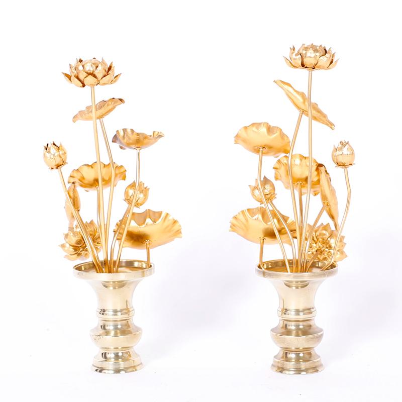 Mid-Century Modern Pair of Midcentury Lotus Flower Arrangements in Brass Vases