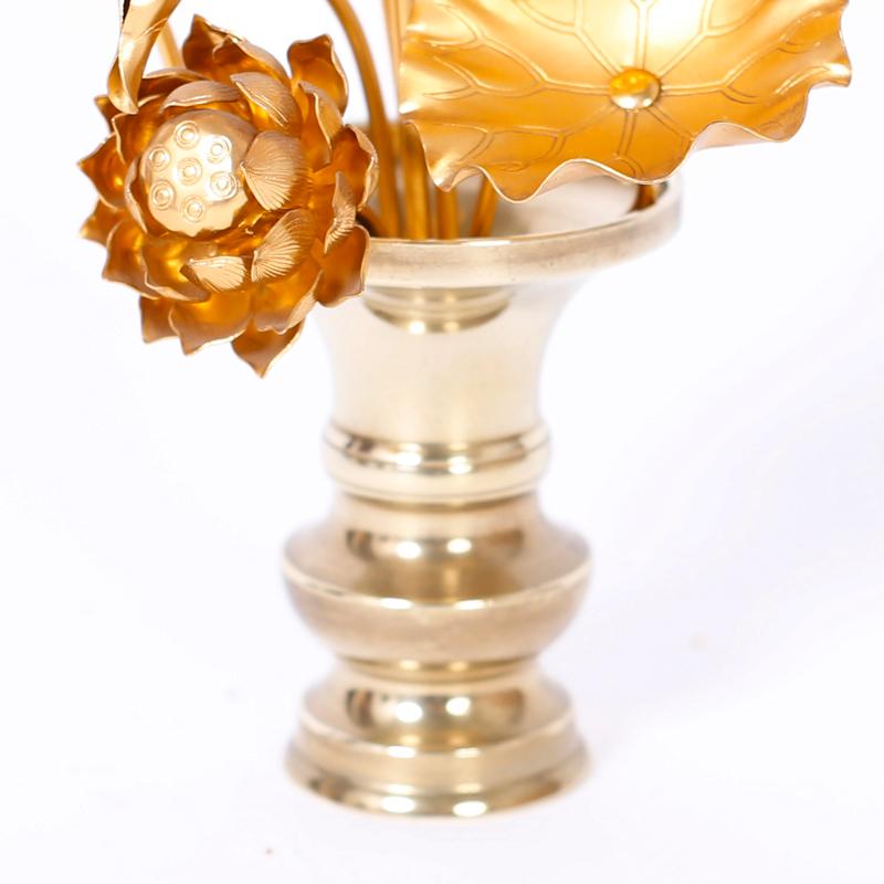 20th Century Pair of Midcentury Lotus Flower Arrangements in Brass Vases