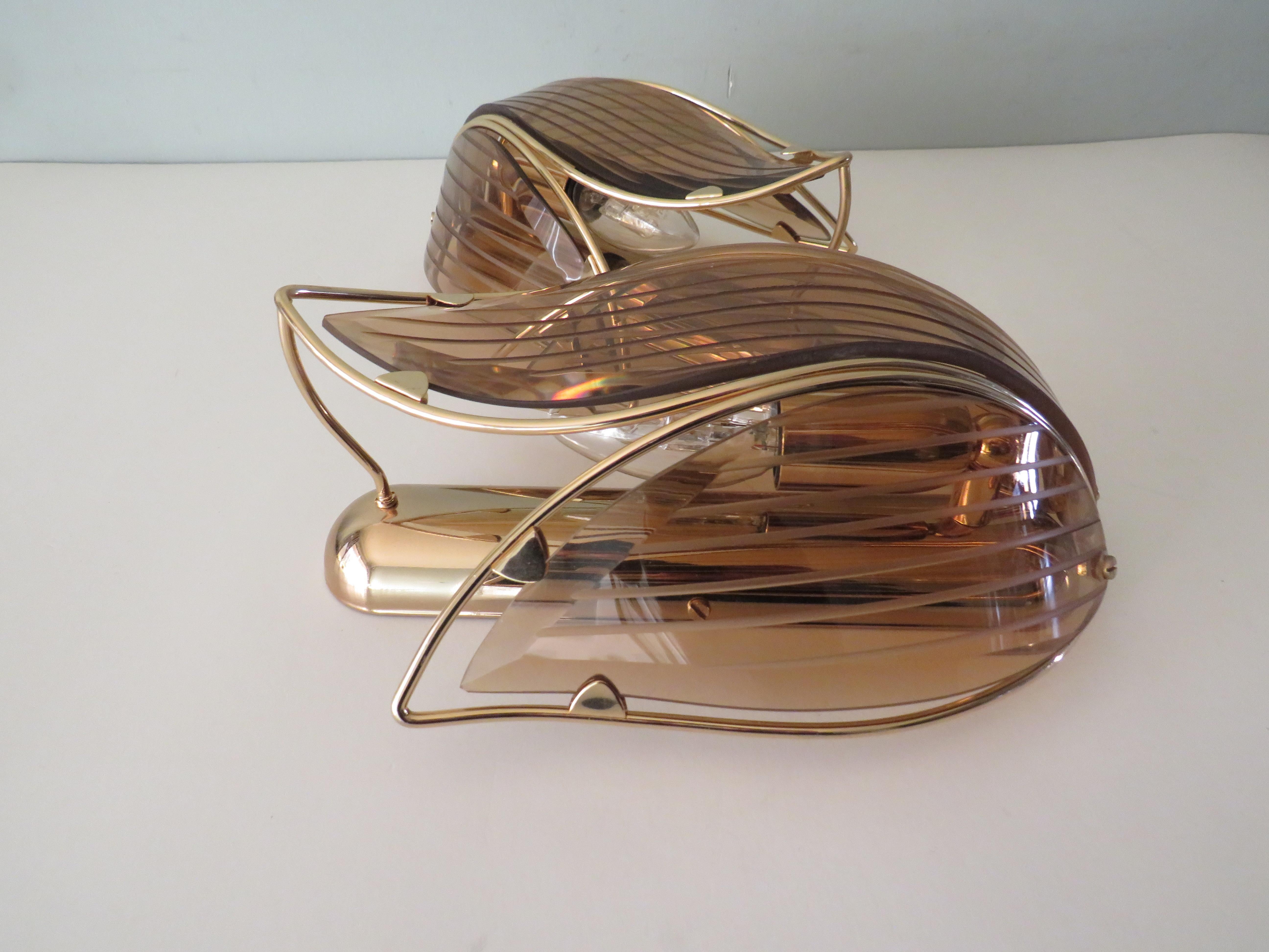 Pair of Mid-Century Lotus Shaped Wall Lamps in Brass and Smoked Glass by Massive 9