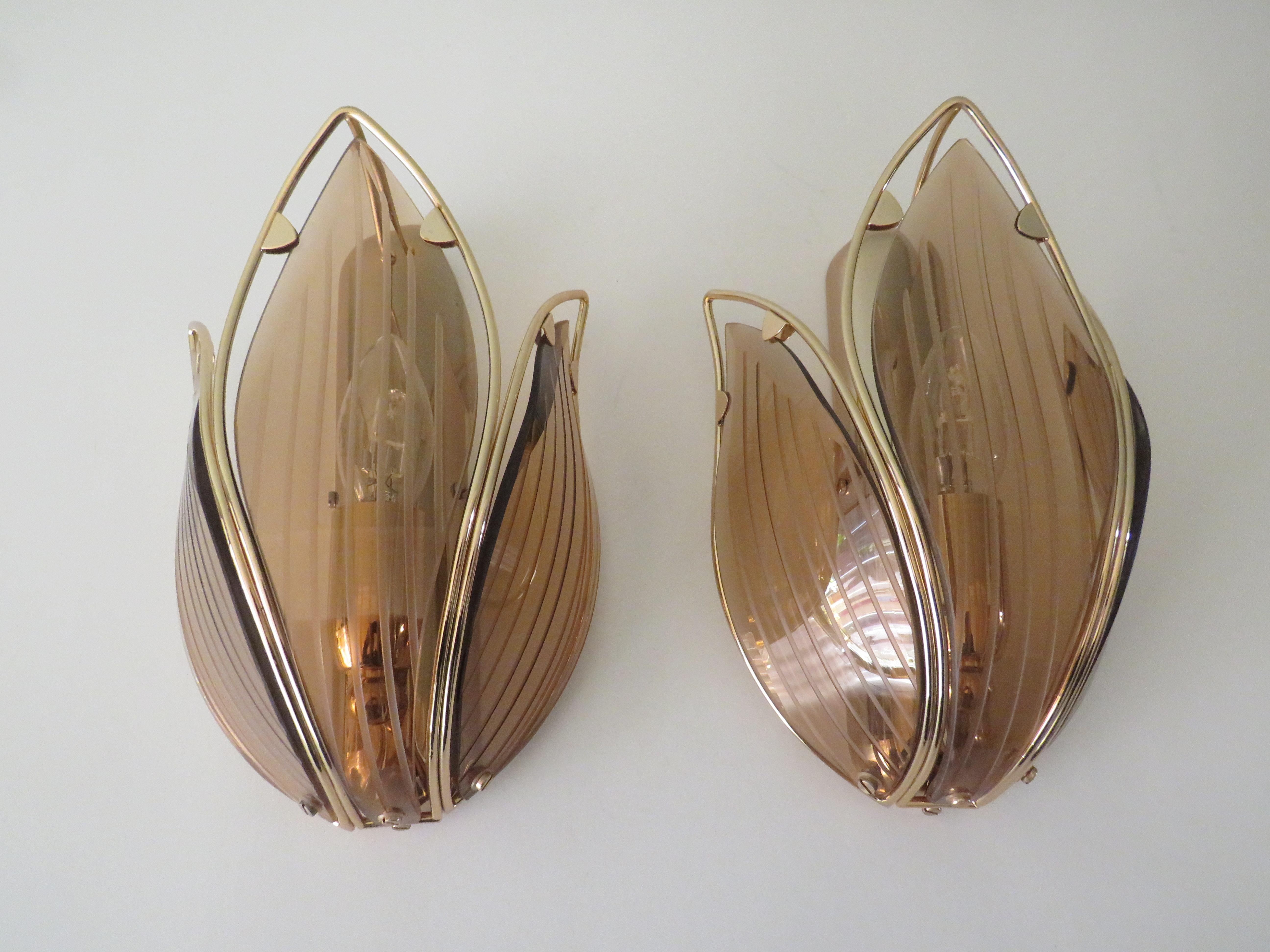 Pair of Mid-Century Lotus Shaped Wall Lamps in Brass and Smoked Glass by Massive 10