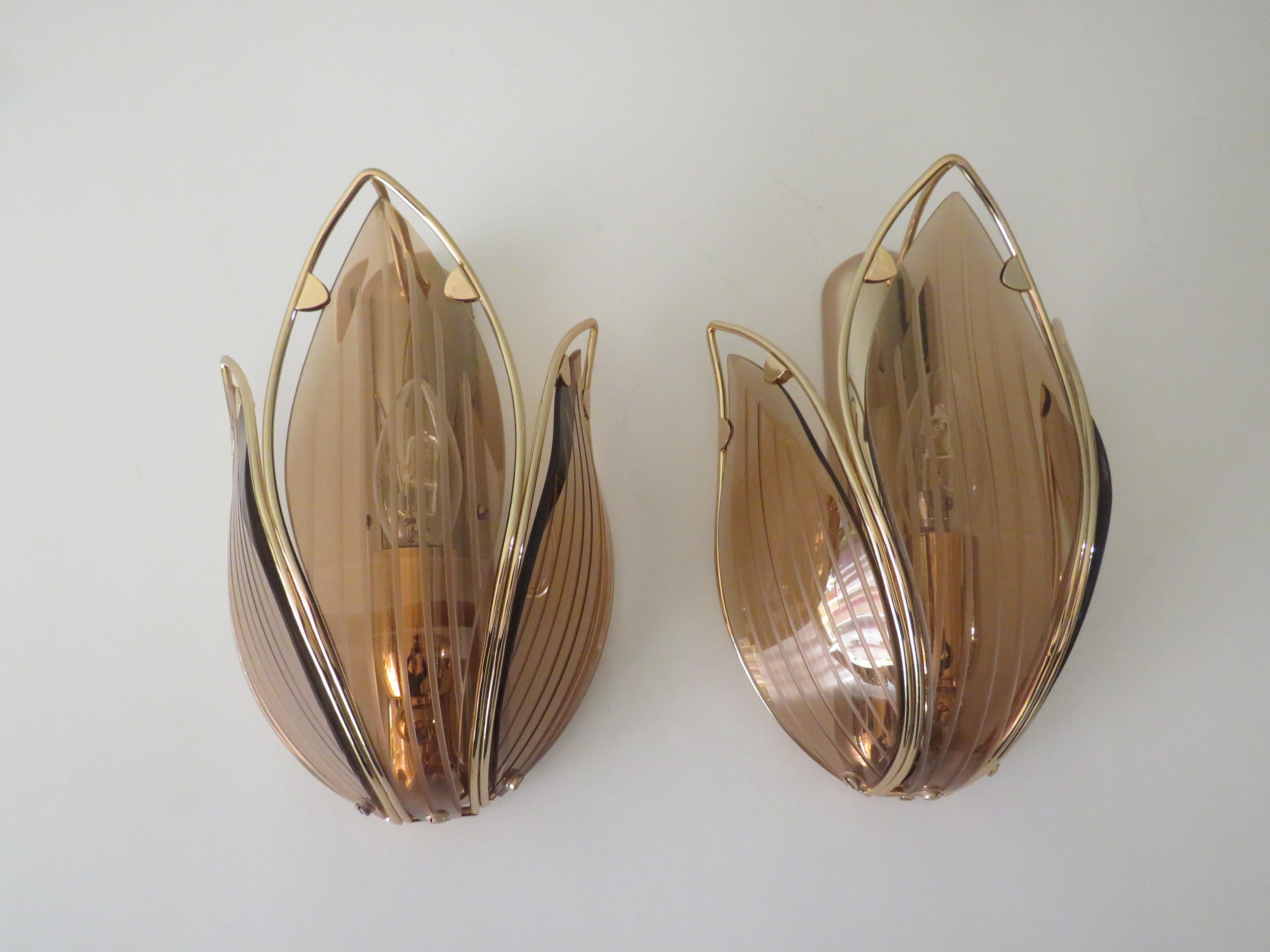 Pair of Mid-Century Lotus Shaped Wall Lamps in Brass and Smoked Glass by Massive 11