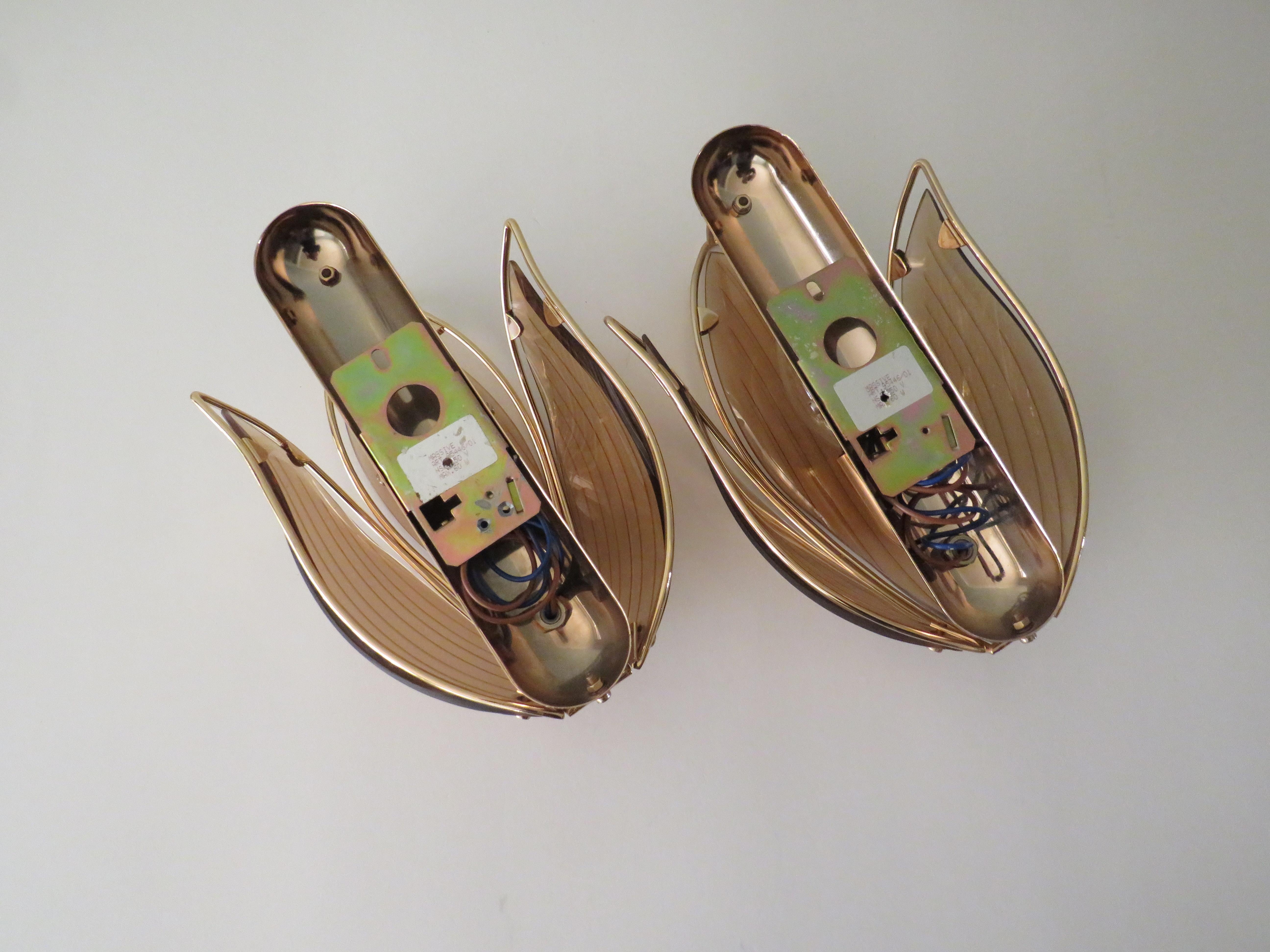 Pair of Mid-Century Lotus Shaped Wall Lamps in Brass and Smoked Glass by Massive 12