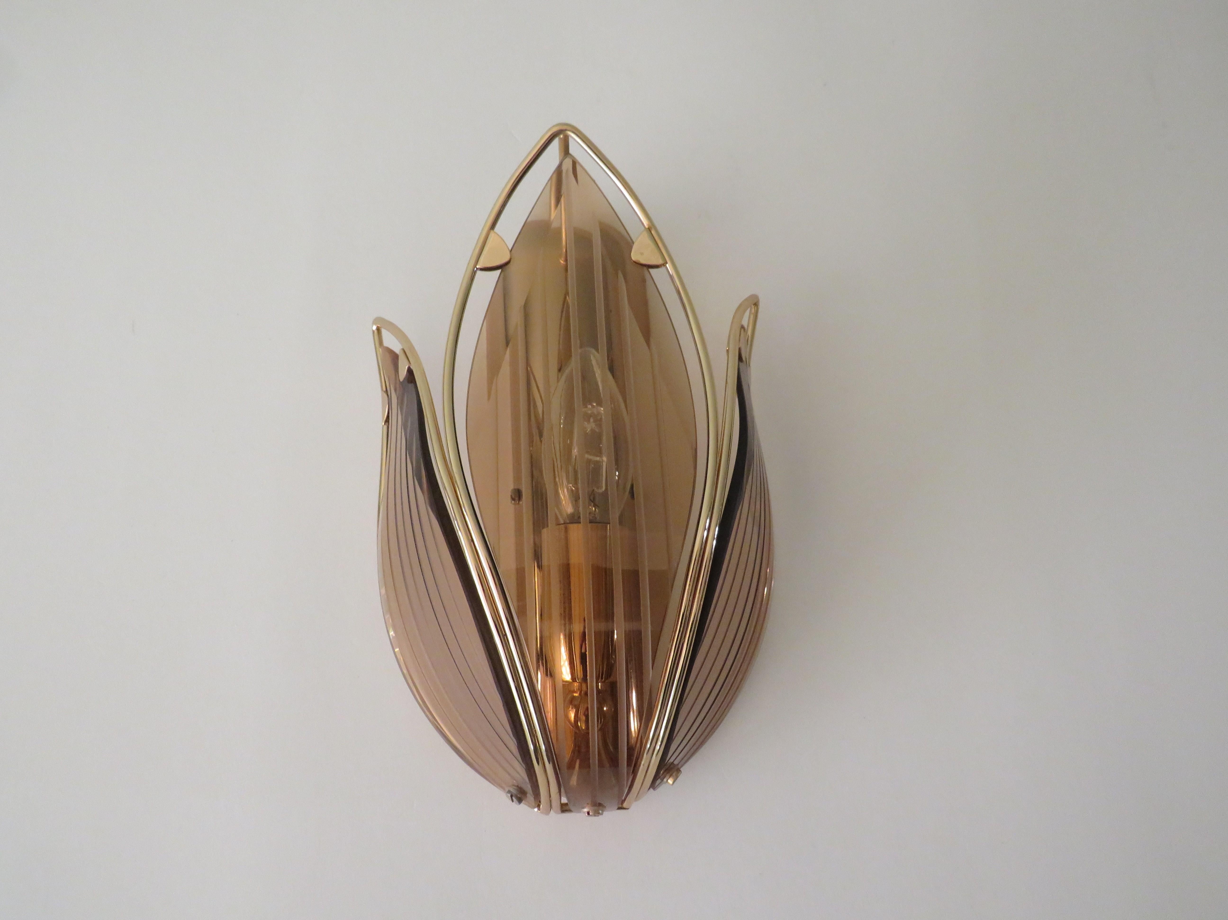 Pair of Mid-Century Lotus Shaped Wall Lamps in Brass and Smoked Glass by Massive 1