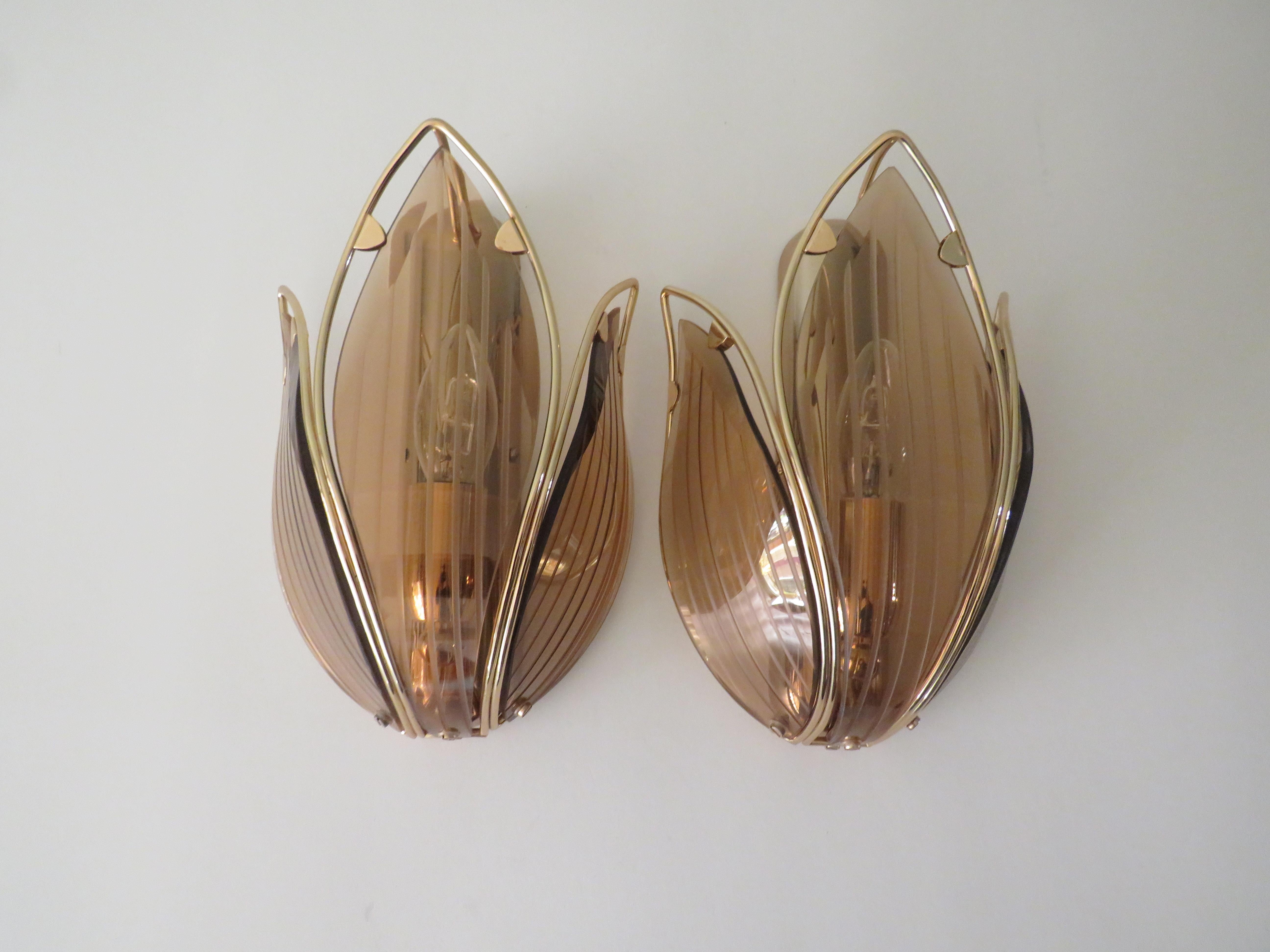 Pair of Mid-Century Lotus Shaped Wall Lamps in Brass and Smoked Glass by Massive 2