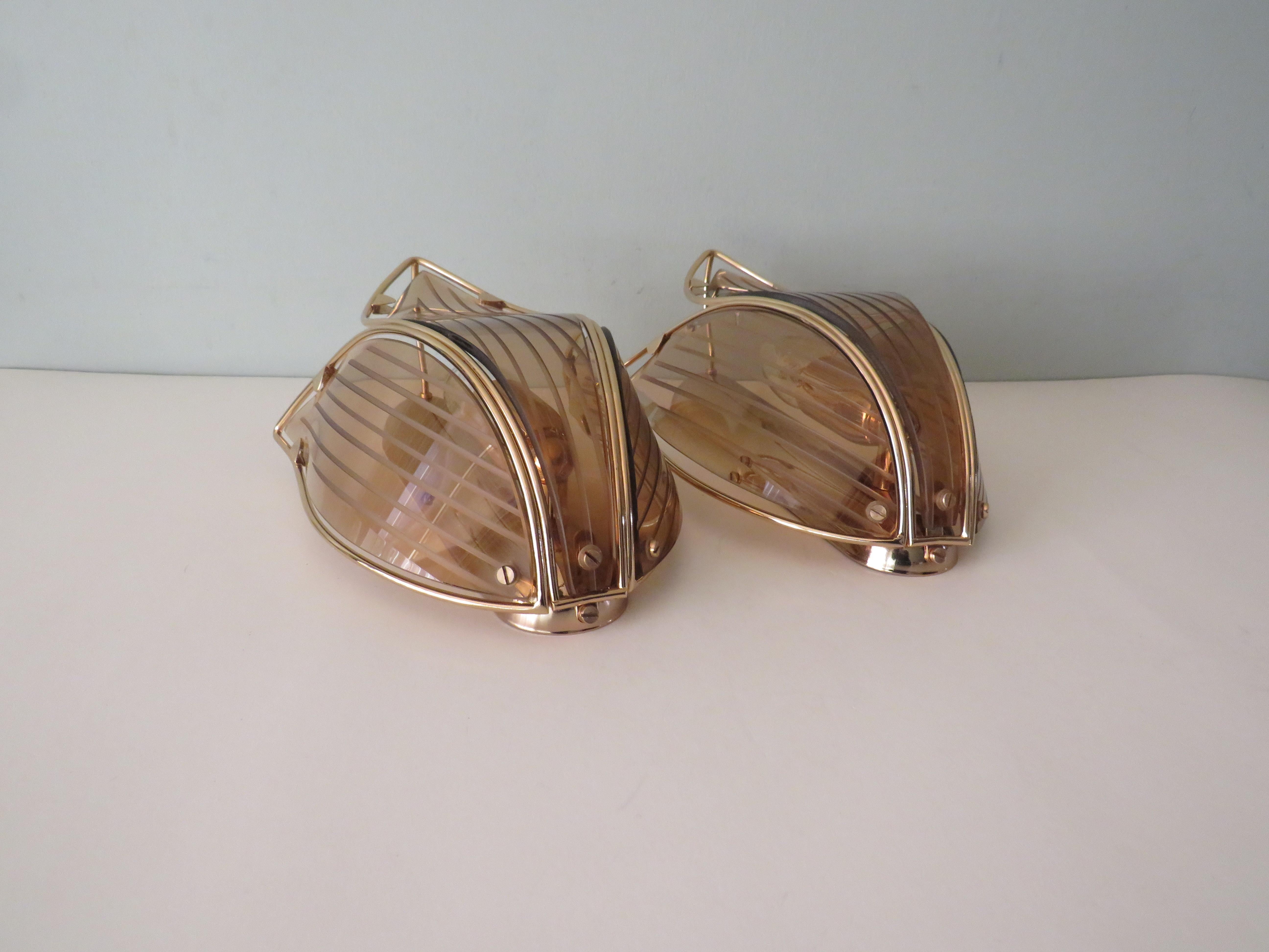 Pair of Mid-Century Lotus Shaped Wall Lamps in Brass and Smoked Glass by Massive 3