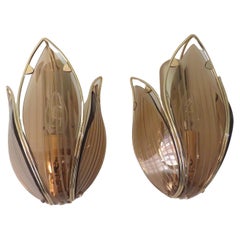Pair of Mid-Century Lotus Shaped Wall Lamps in Brass and Smoked Glass by Massive