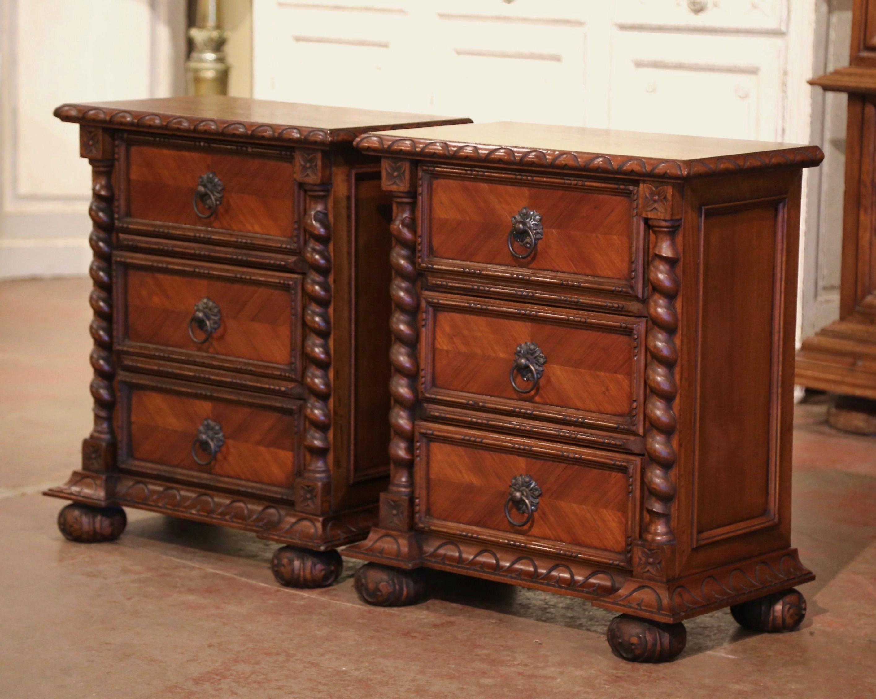 Pair of Mid-Century Louis XIII Baroque Carved Walnut Marquetry Bedside Tables In Excellent Condition In Dallas, TX