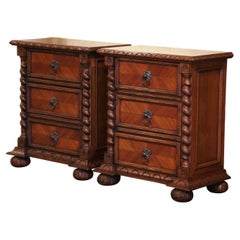 Pair of Mid-Century Louis XIII Baroque Carved Walnut Marquetry Bedside Tables