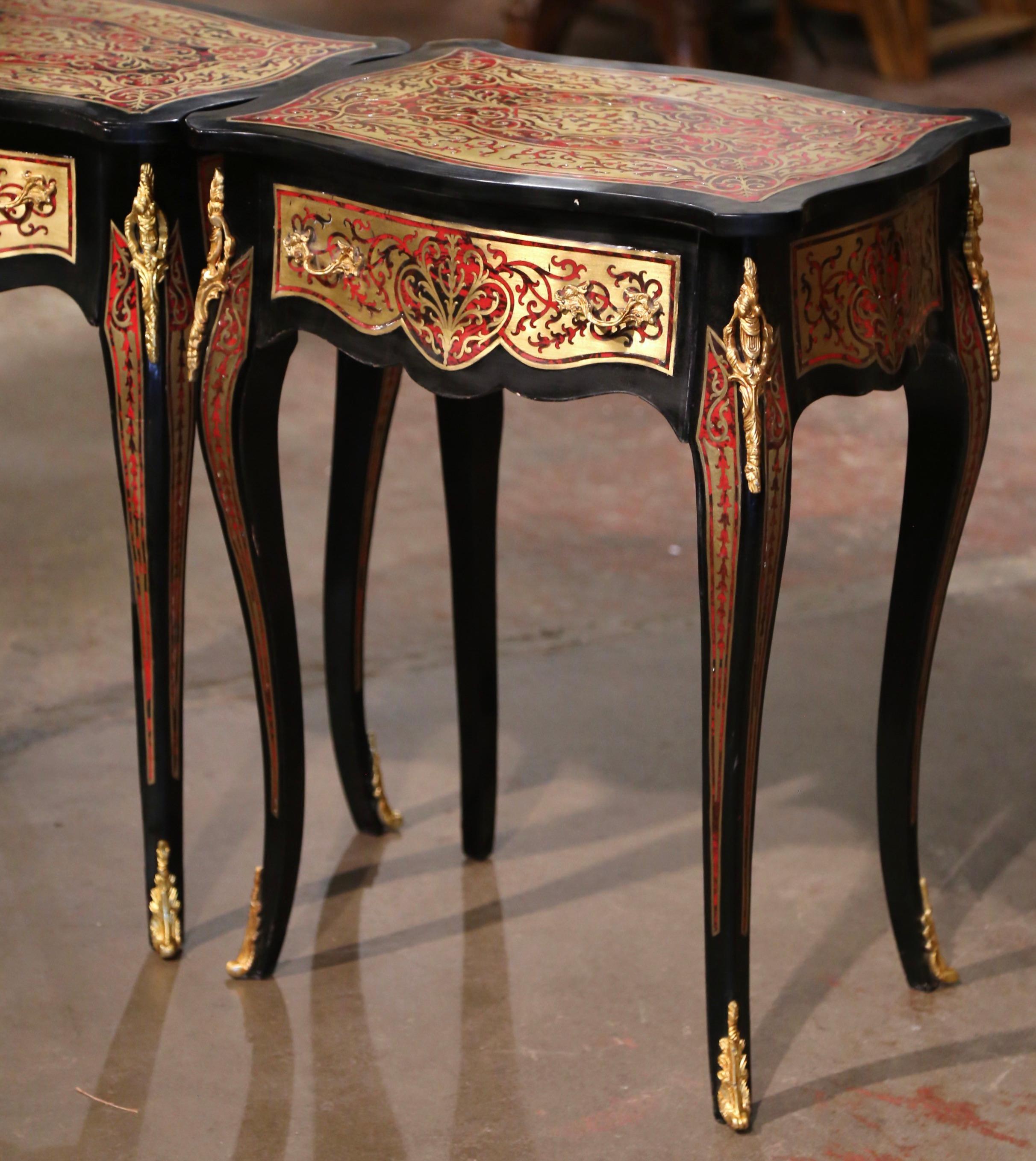 French Pair of Mid-Century Louis XV Boulle Style Blackened and Brass Inlay Side Tables  For Sale