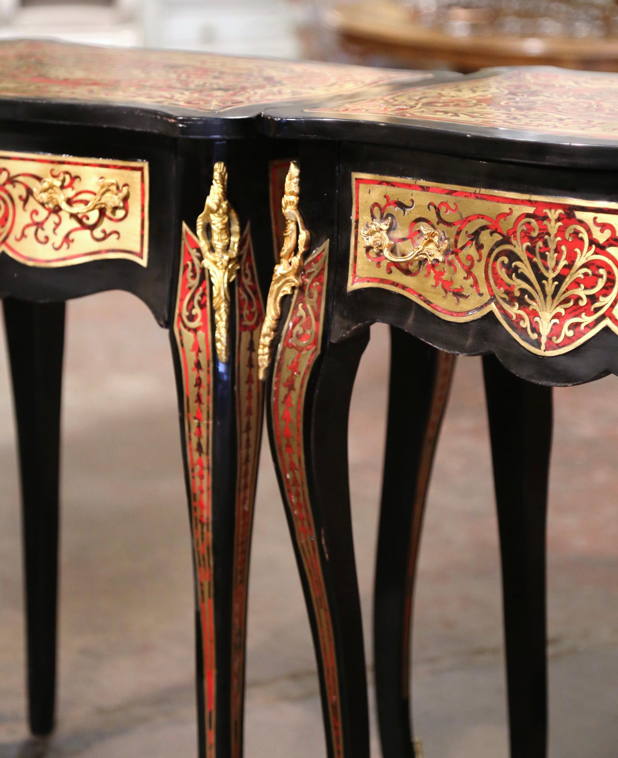 Hand-Carved Pair of Mid-Century Louis XV Boulle Style Blackened and Brass Inlay Side Tables  For Sale