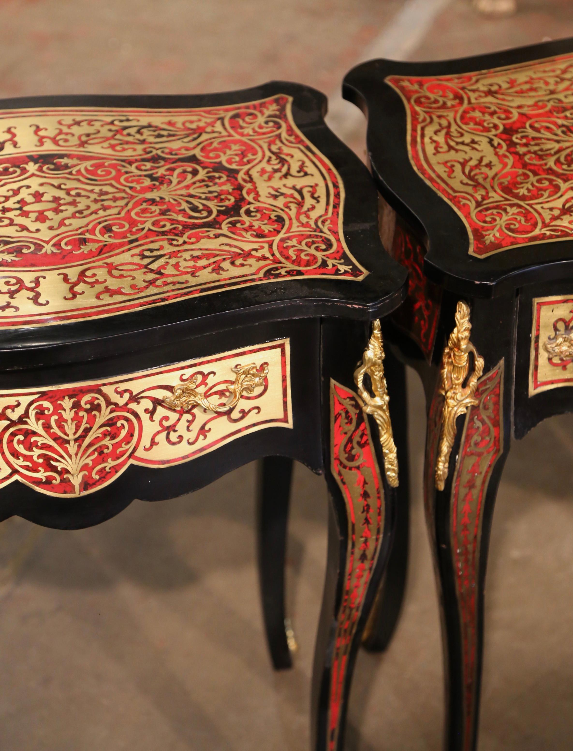 Bronze Pair of Mid-Century Louis XV Boulle Style Blackened and Brass Inlay Side Tables  For Sale