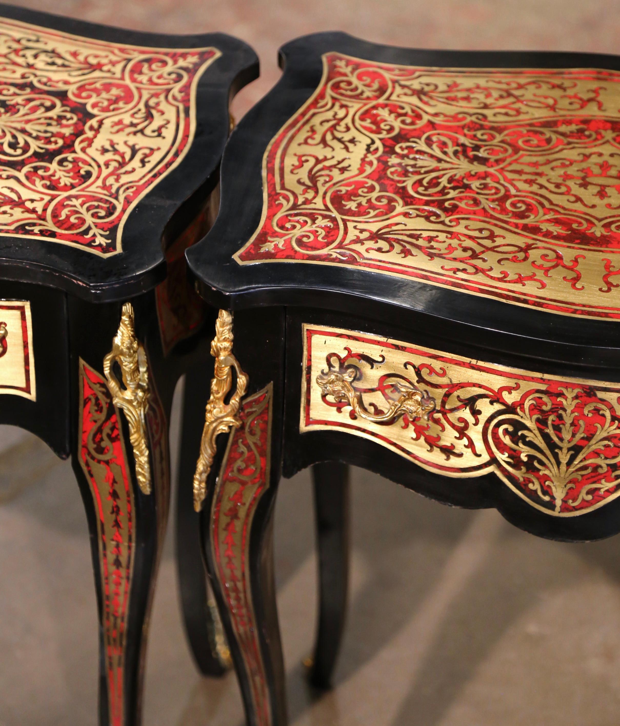 Pair of Mid-Century Louis XV Boulle Style Blackened and Brass Inlay Side Tables  For Sale 1