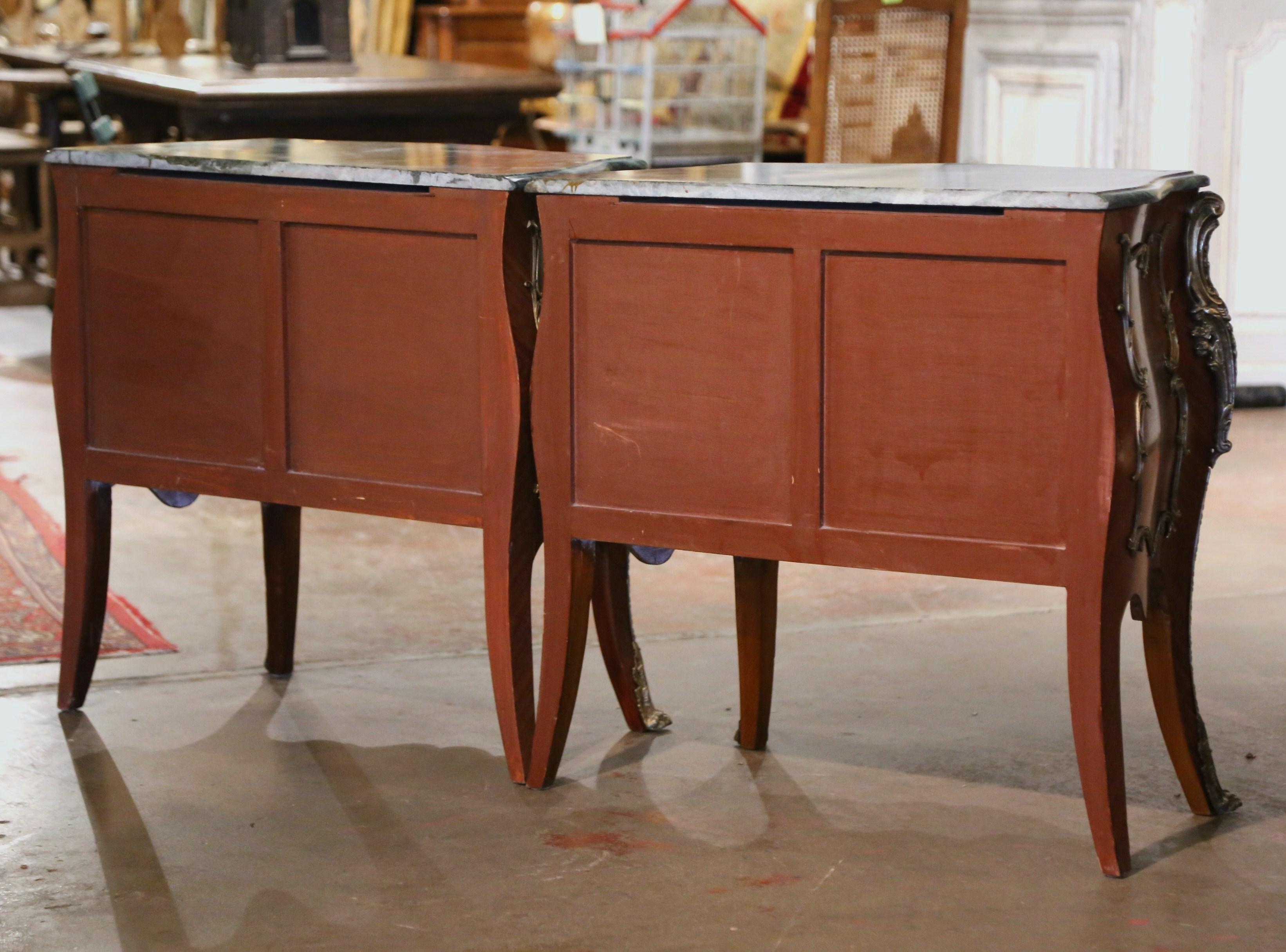 Pair of Midcentury Louis XV Marble Top Carved Walnut Commodes Chests of Drawers For Sale 5