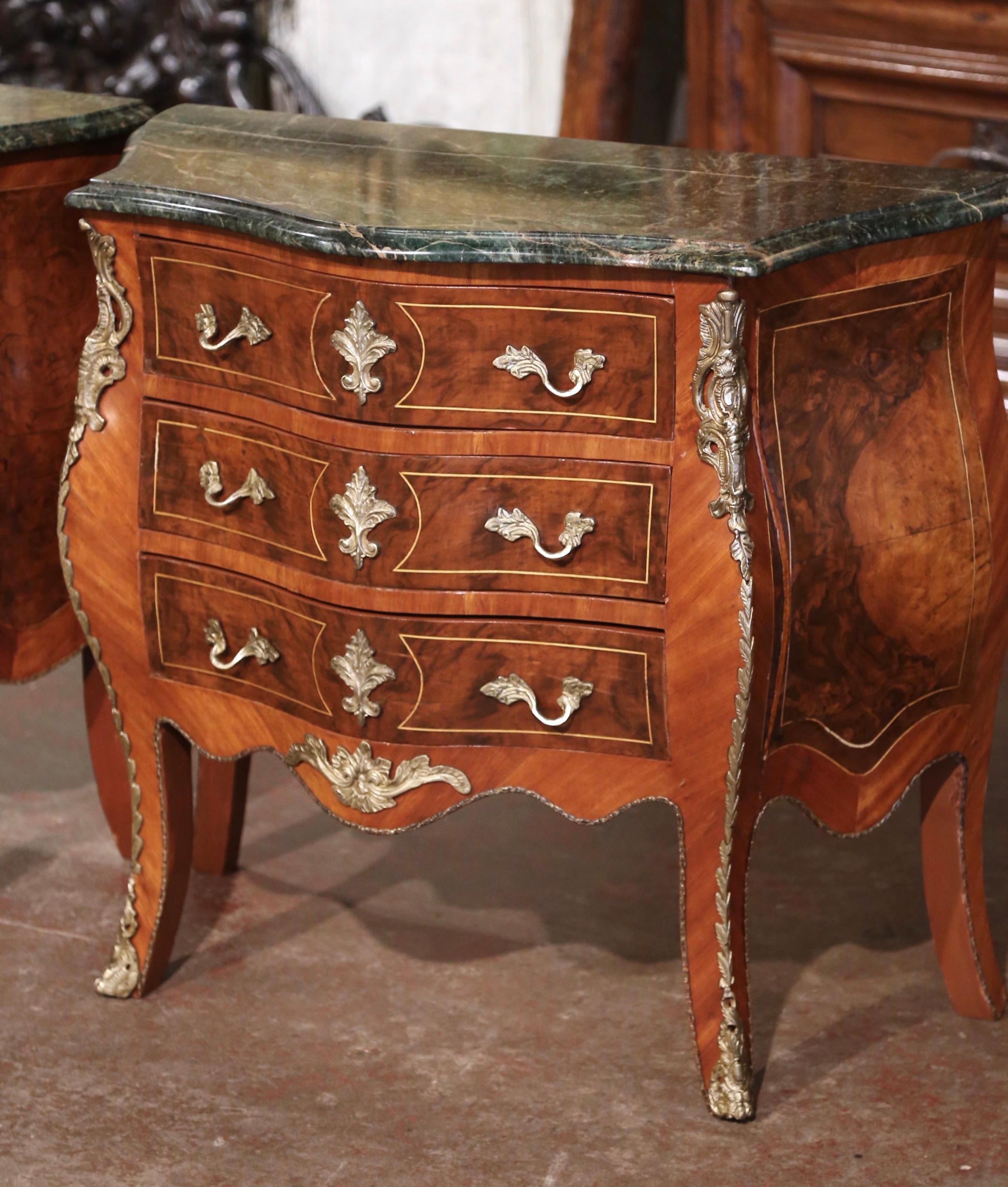 French Pair of Mid-Century Louis XV Marble Top Carved Walnut Commodes Chests of Drawers