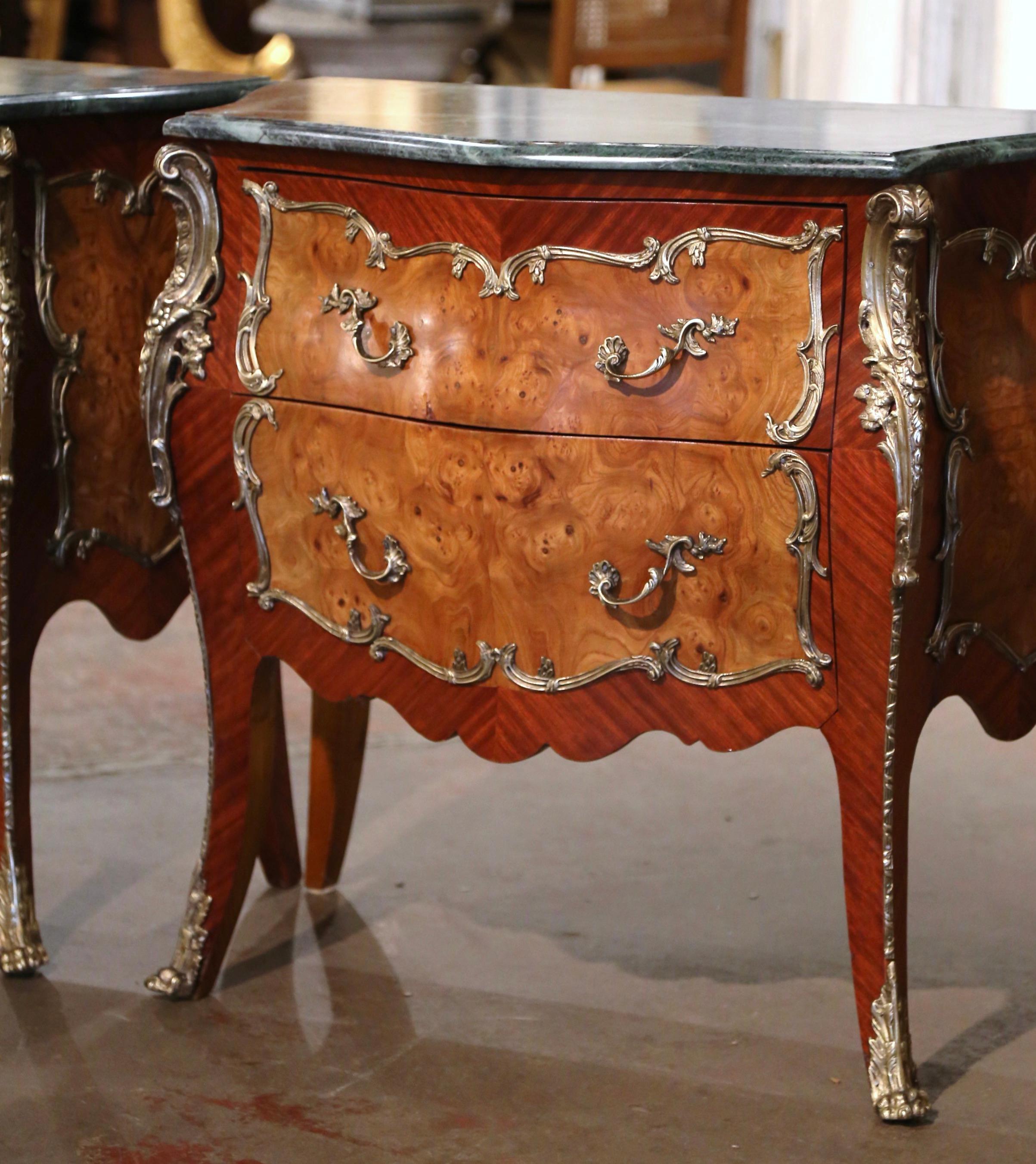 French Pair of Midcentury Louis XV Marble Top Carved Walnut Commodes Chests of Drawers For Sale