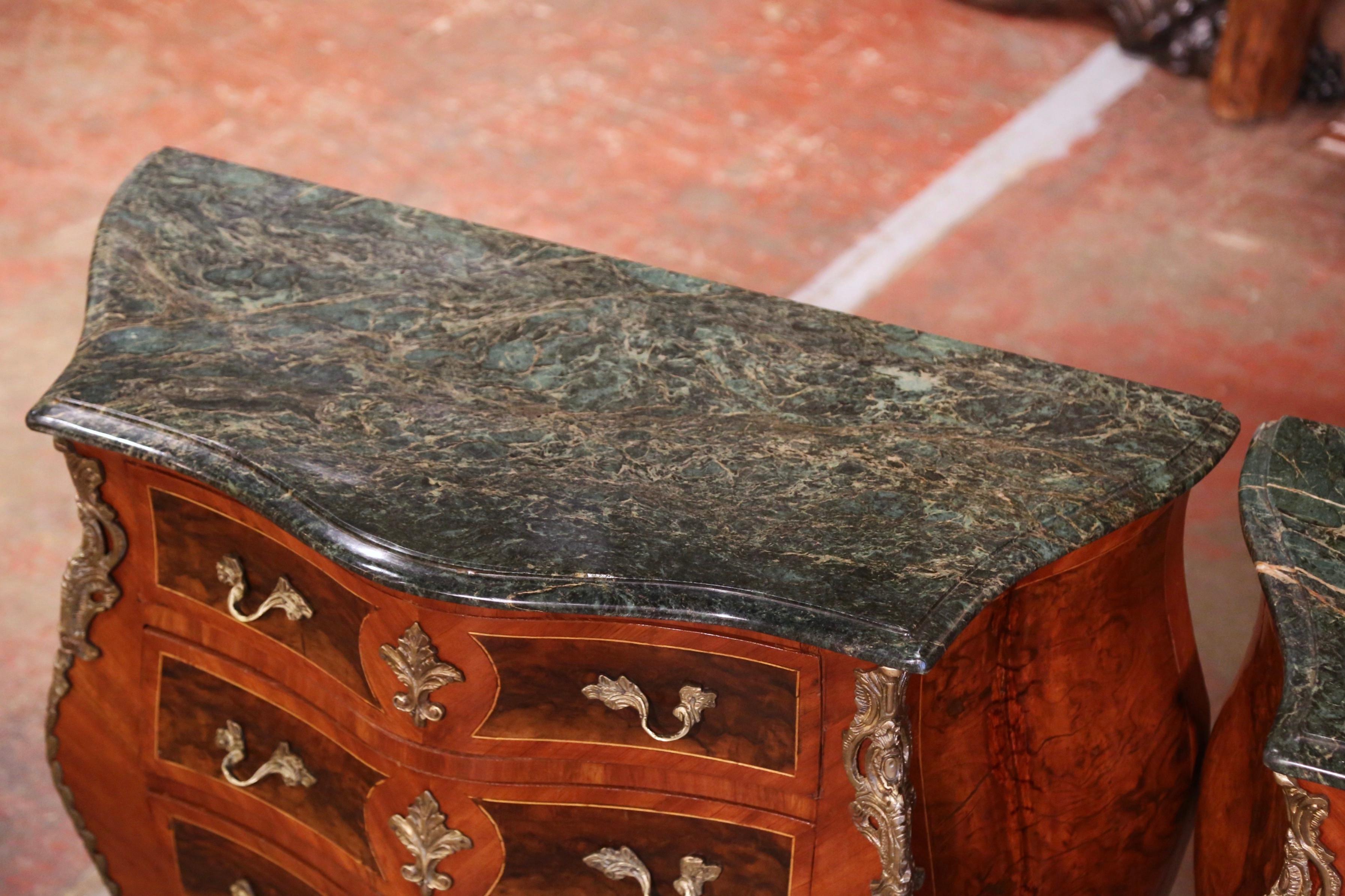 Pair of Mid-Century Louis XV Marble Top Carved Walnut Commodes Chests of Drawers In Good Condition In Dallas, TX