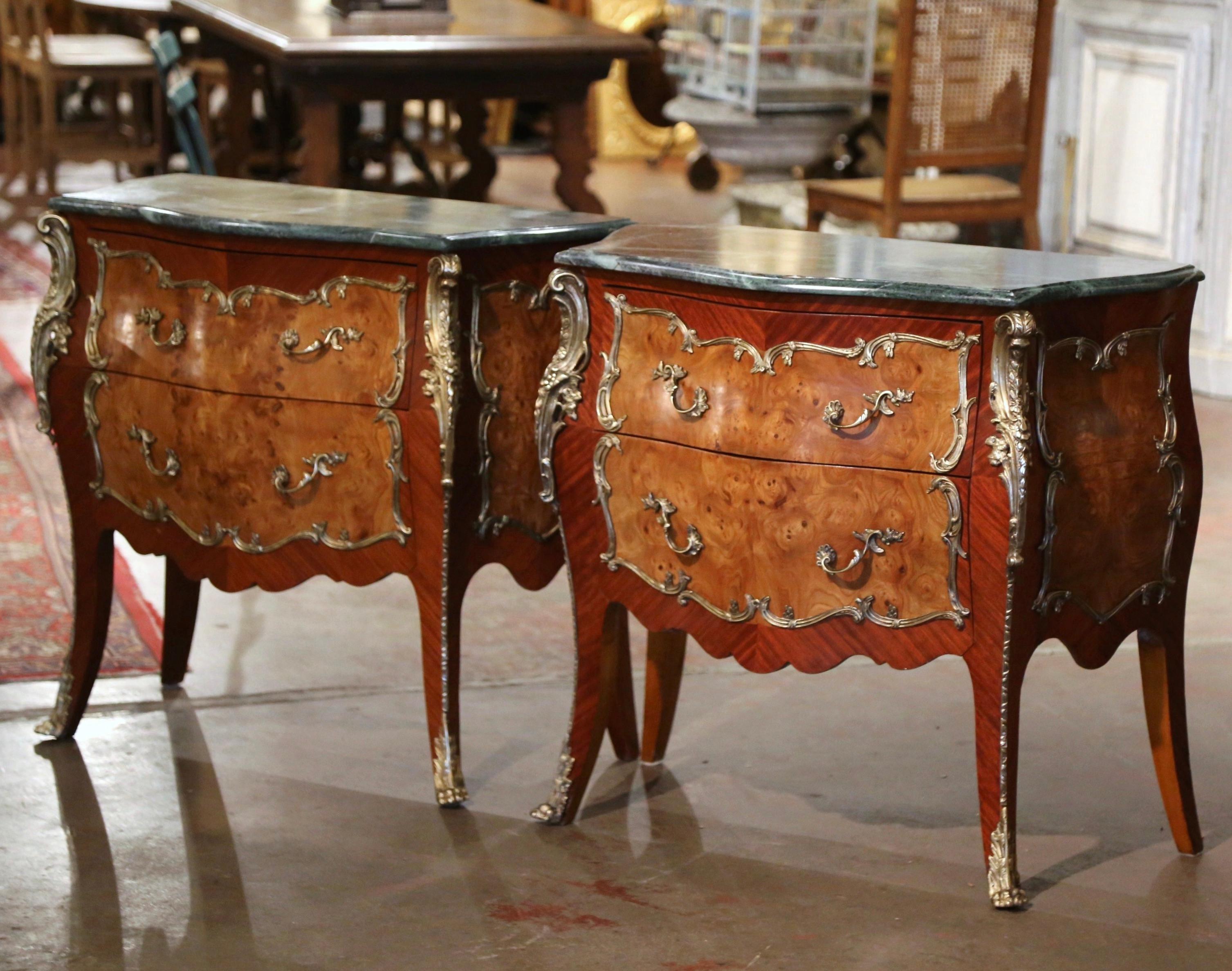 Pair of Midcentury Louis XV Marble Top Carved Walnut Commodes Chests of Drawers In Good Condition For Sale In Dallas, TX