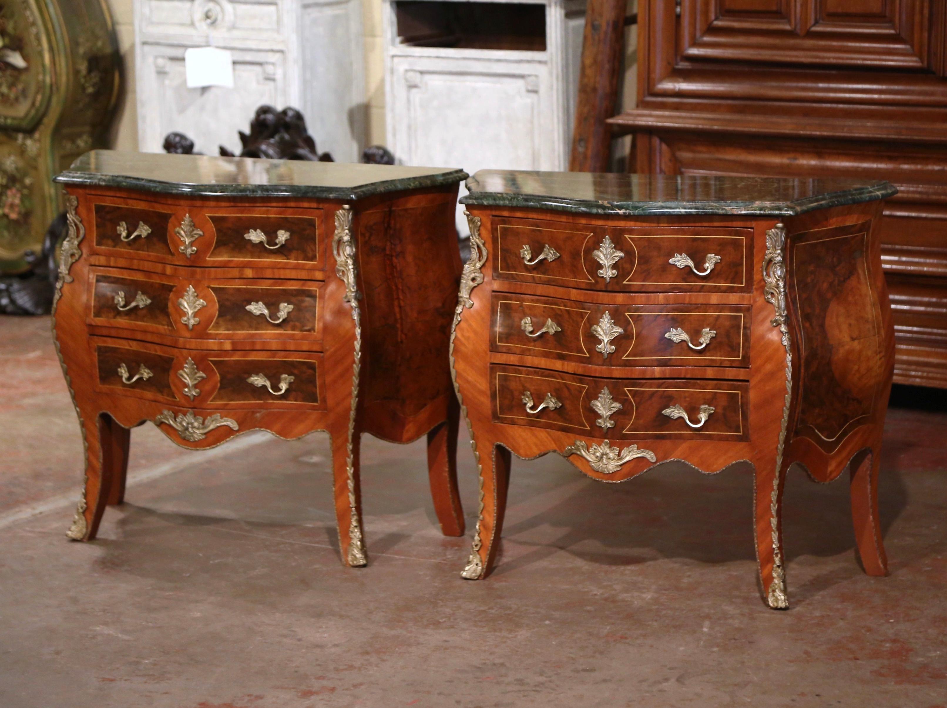 20th Century Pair of Mid-Century Louis XV Marble Top Carved Walnut Commodes Chests of Drawers For Sale