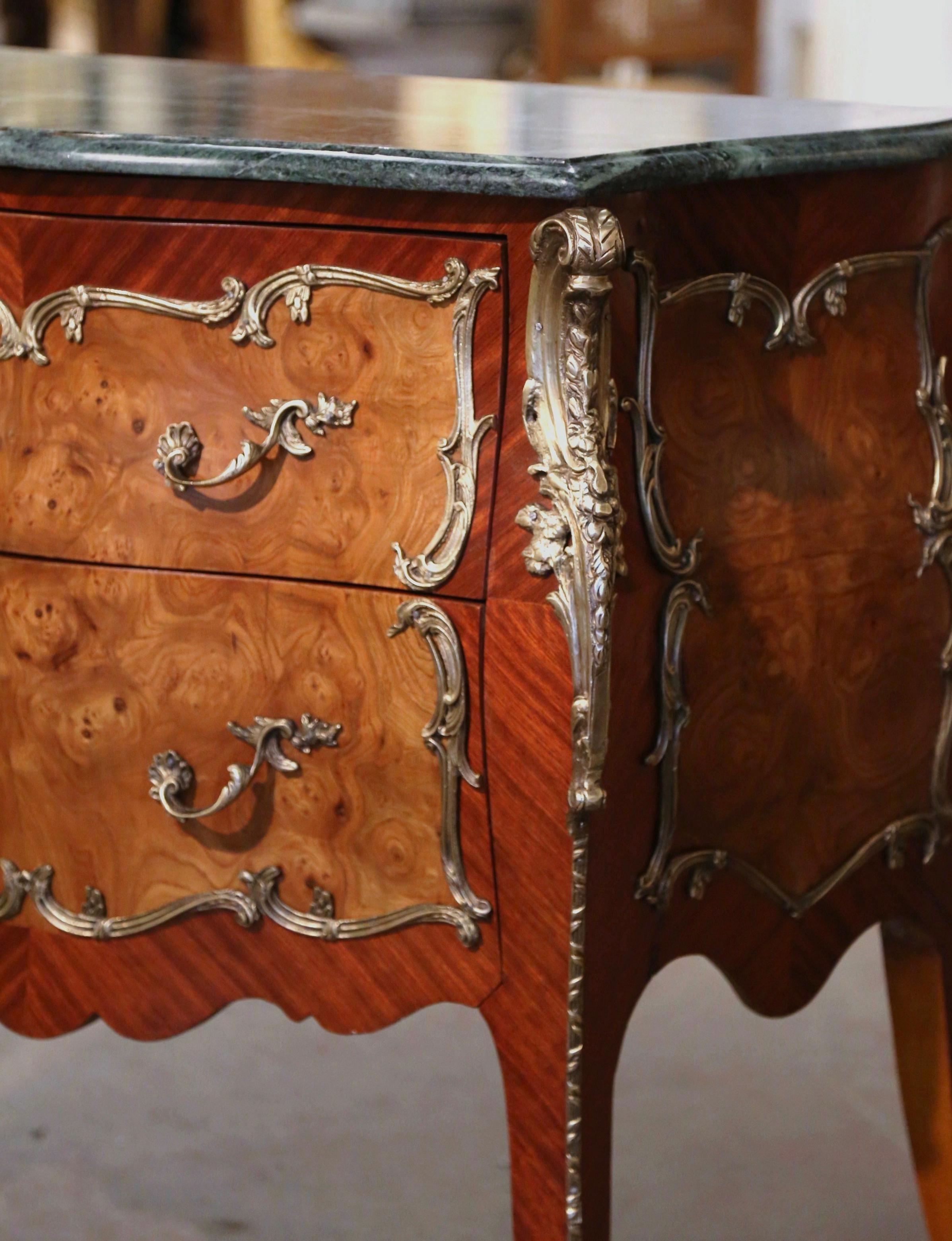 20th Century Pair of Midcentury Louis XV Marble Top Carved Walnut Commodes Chests of Drawers