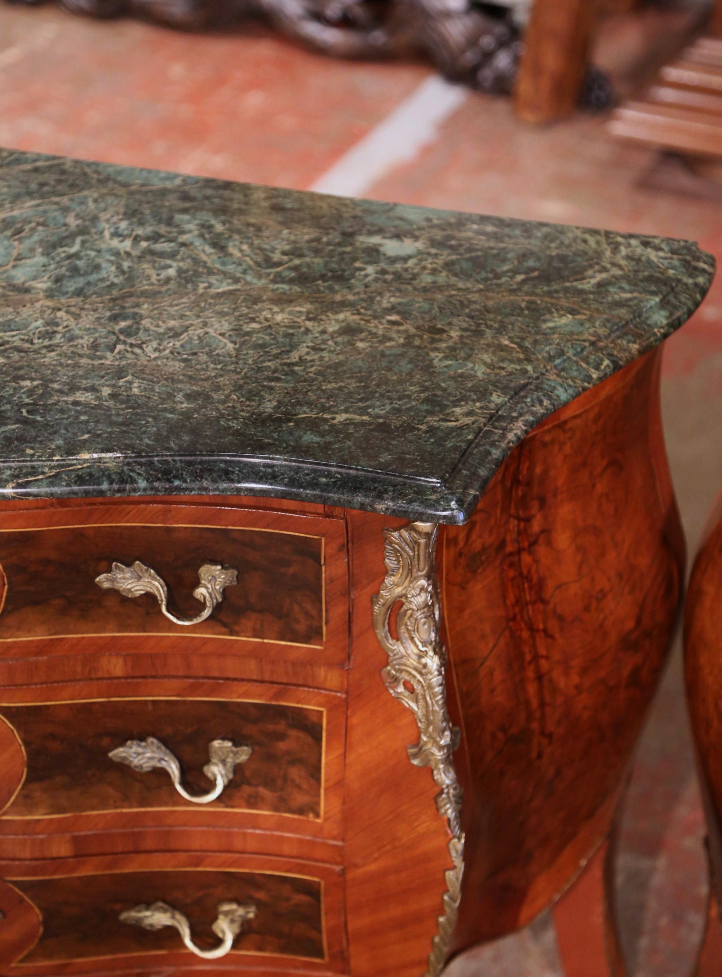 Brass Pair of Mid-Century Louis XV Marble Top Carved Walnut Commodes Chests of Drawers For Sale
