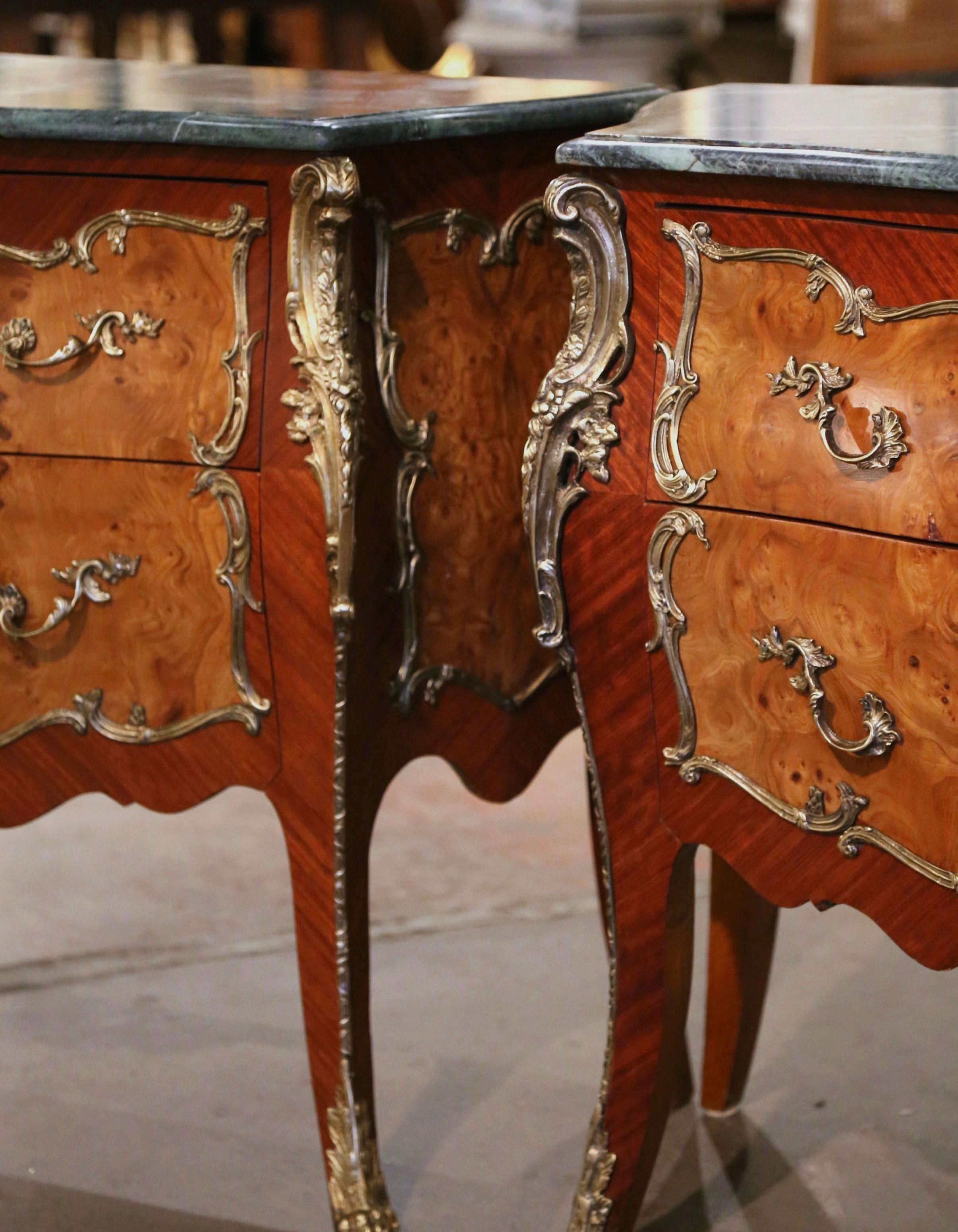 Brass Pair of Midcentury Louis XV Marble Top Carved Walnut Commodes Chests of Drawers For Sale