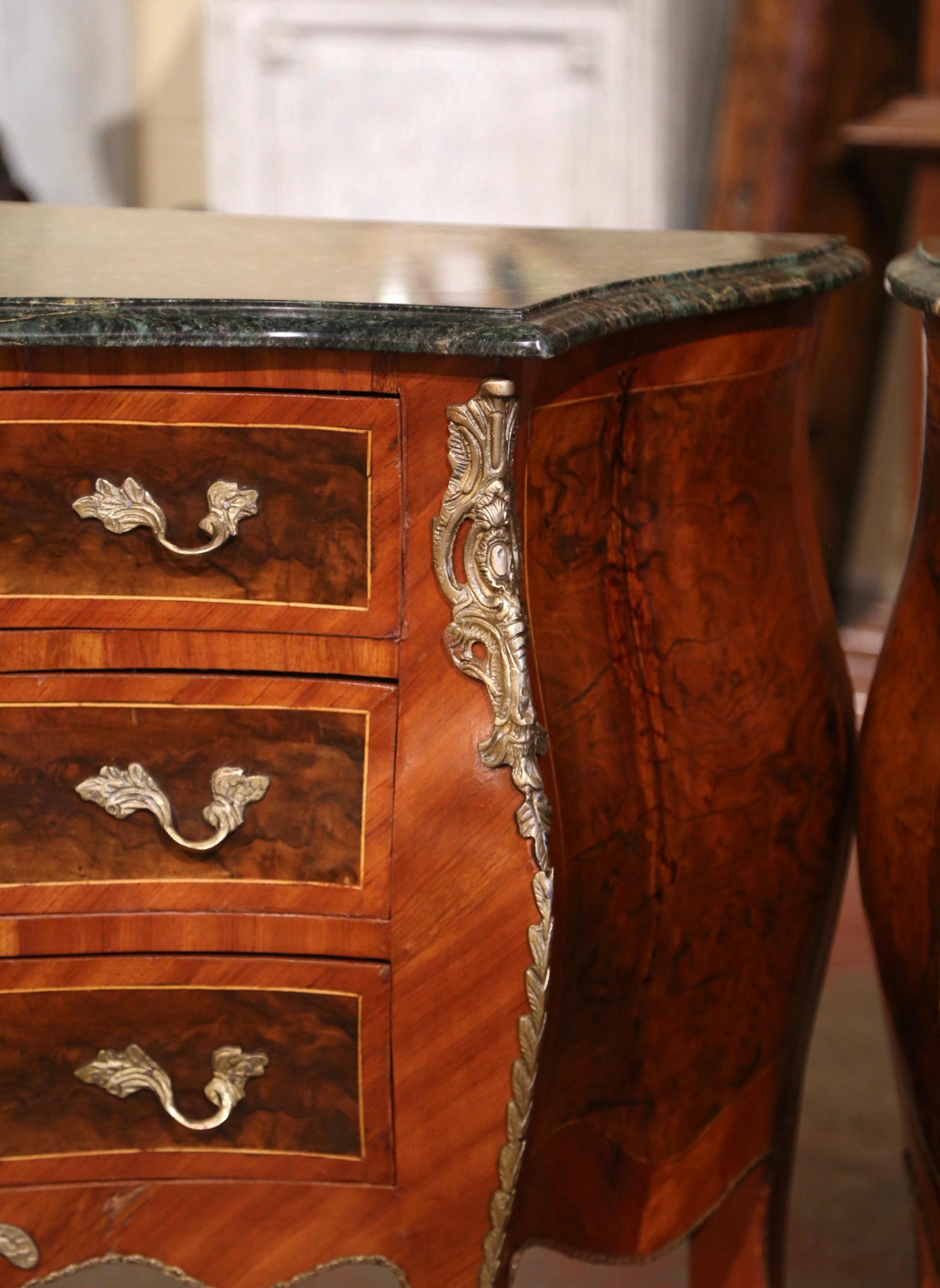 Pair of Mid-Century Louis XV Marble Top Carved Walnut Commodes Chests of Drawers 1