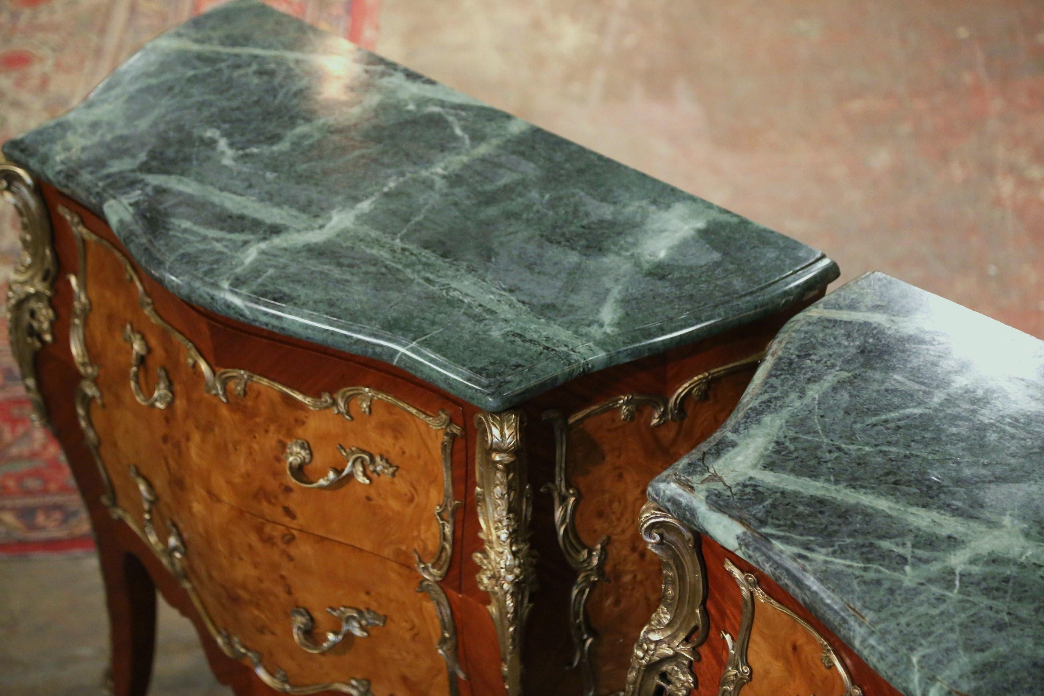 Pair of Midcentury Louis XV Marble Top Carved Walnut Commodes Chests of Drawers For Sale 1