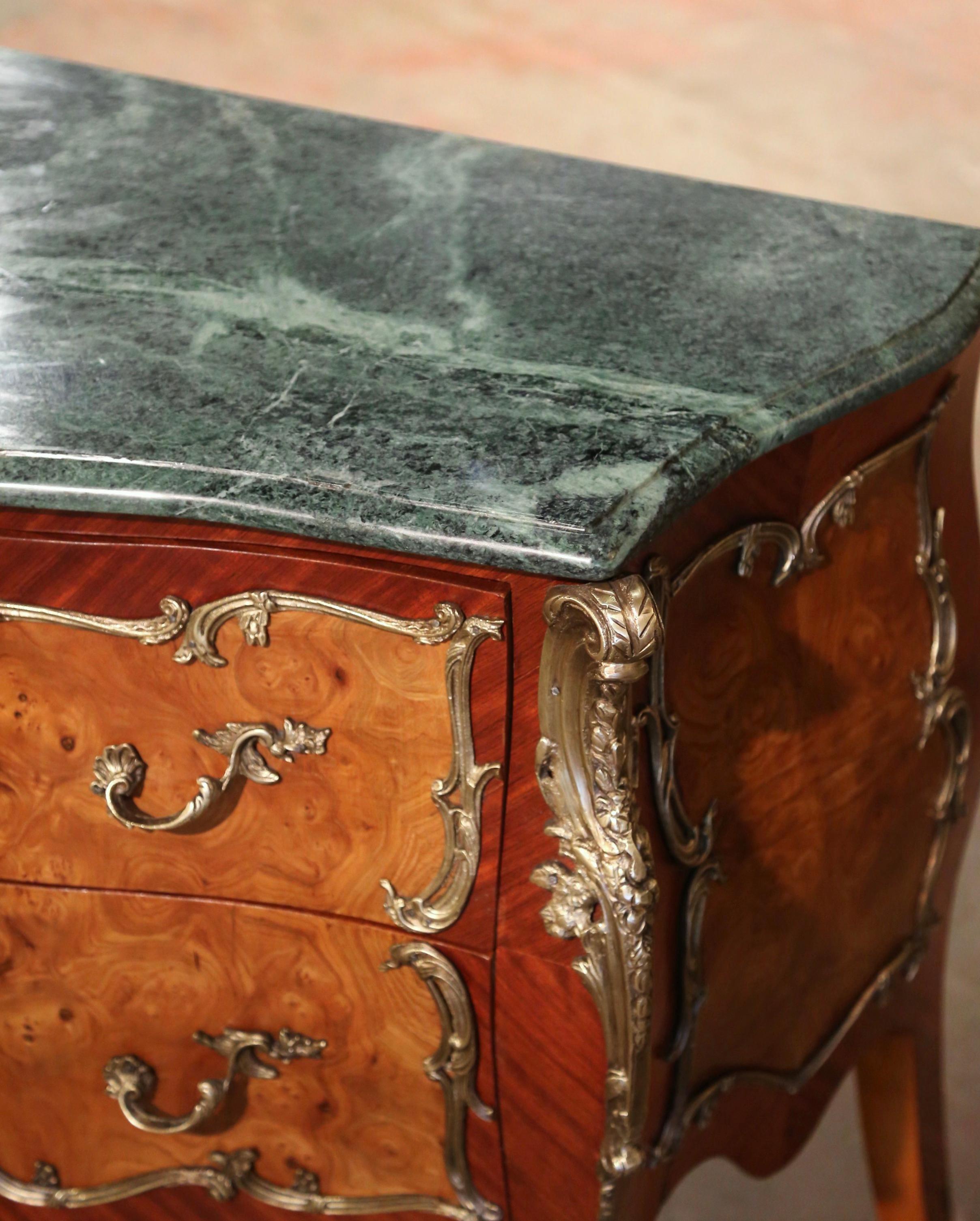 Pair of Midcentury Louis XV Marble Top Carved Walnut Commodes Chests of Drawers For Sale 2