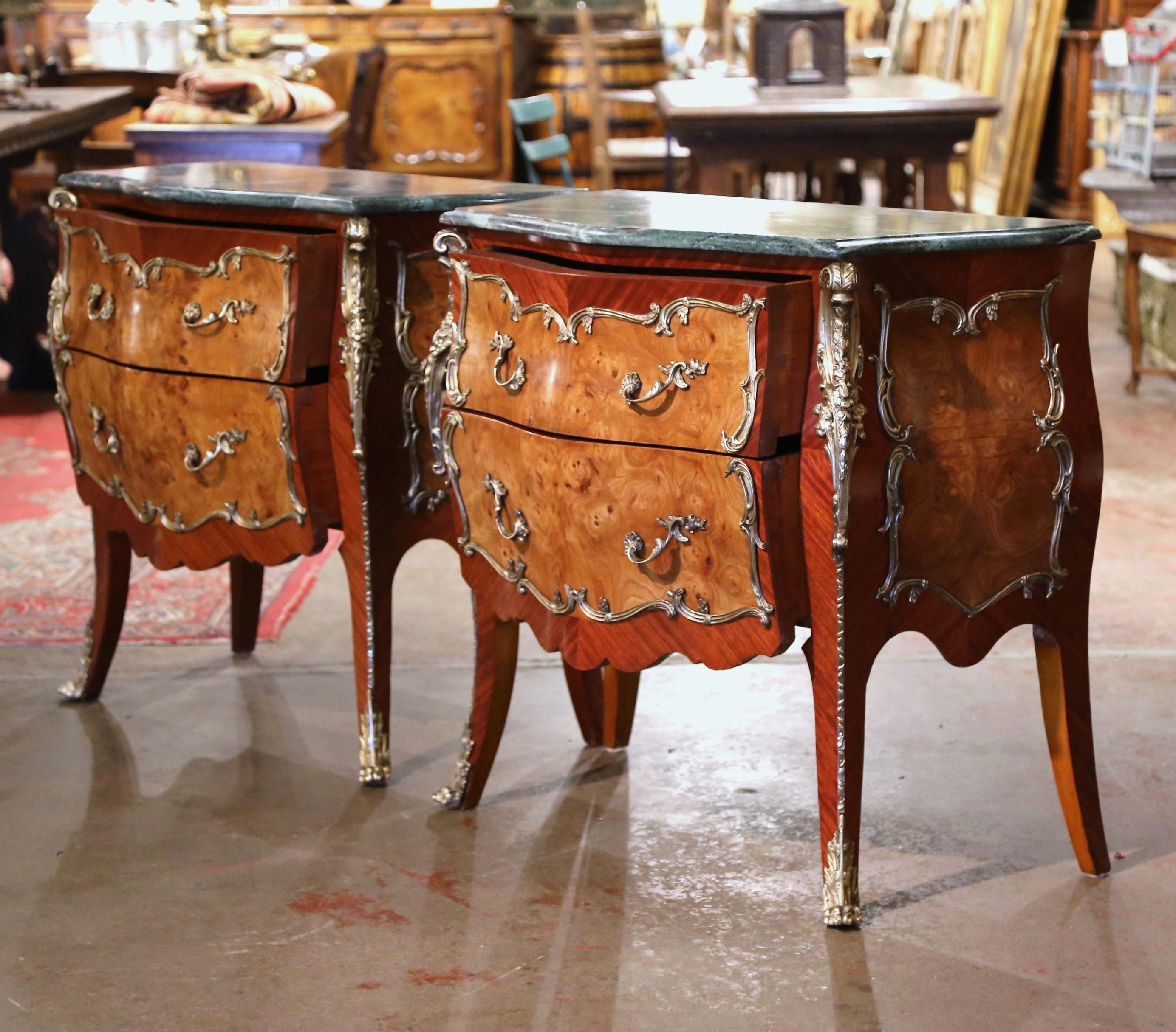 Pair of Midcentury Louis XV Marble Top Carved Walnut Commodes Chests of Drawers For Sale 3