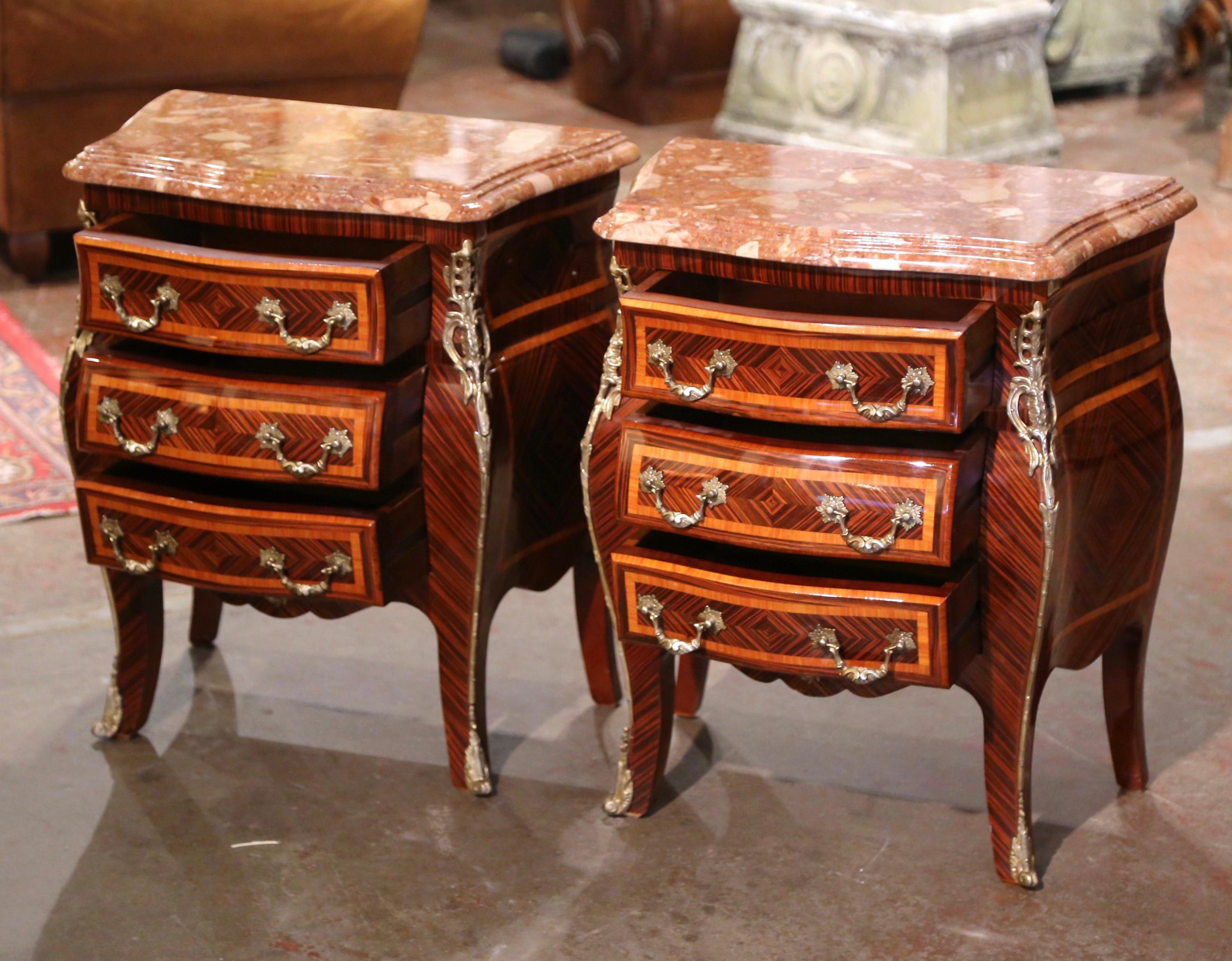 Pair of Mid-Century Louis XV Marble Top Mahogany Inlaid Bedside Tables Chests  4