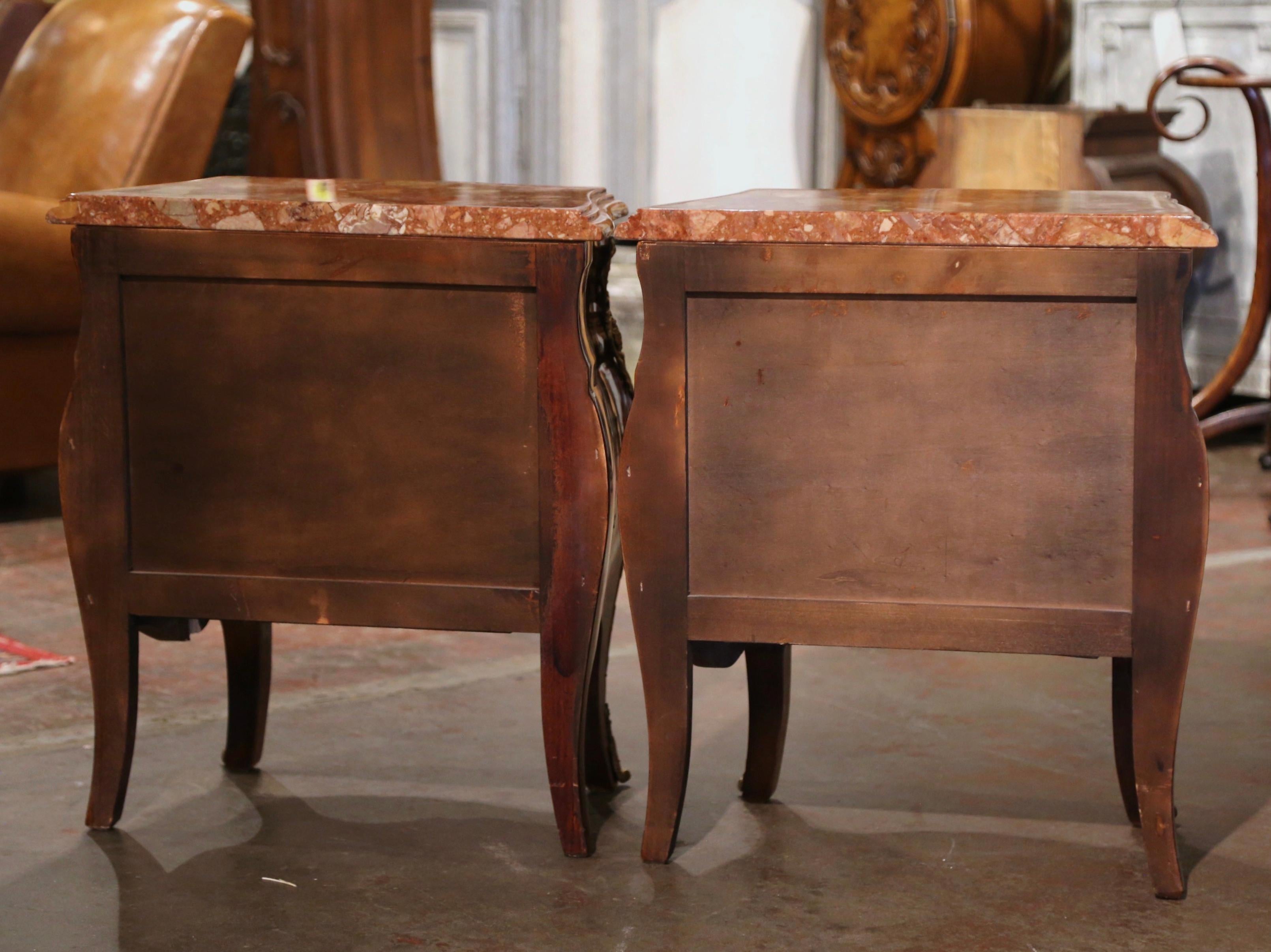 Pair of Mid-Century Louis XV Marble Top Mahogany Inlaid Bedside Tables Chests  6