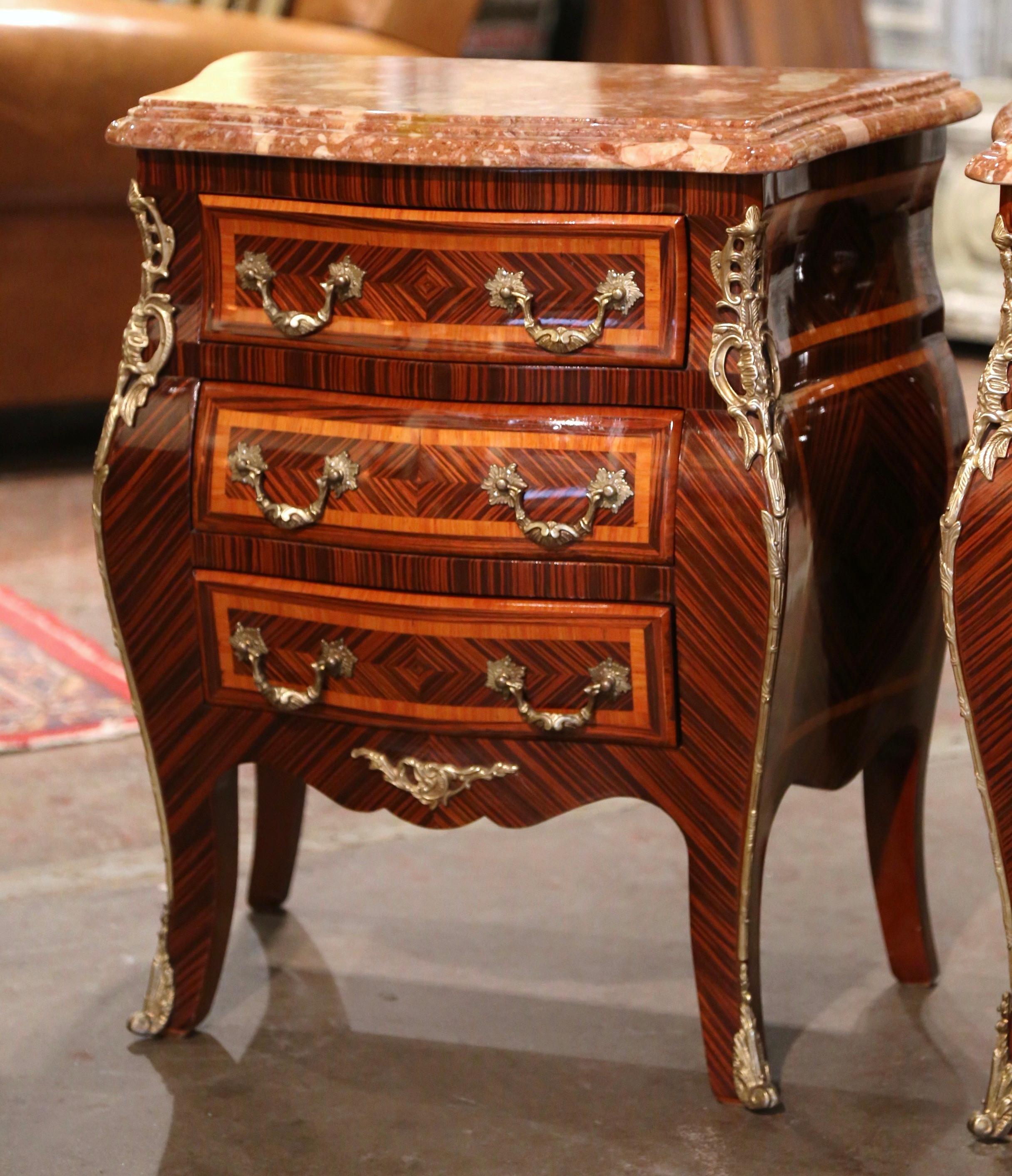 French Pair of Mid-Century Louis XV Marble Top Mahogany Inlaid Bedside Tables Chests 