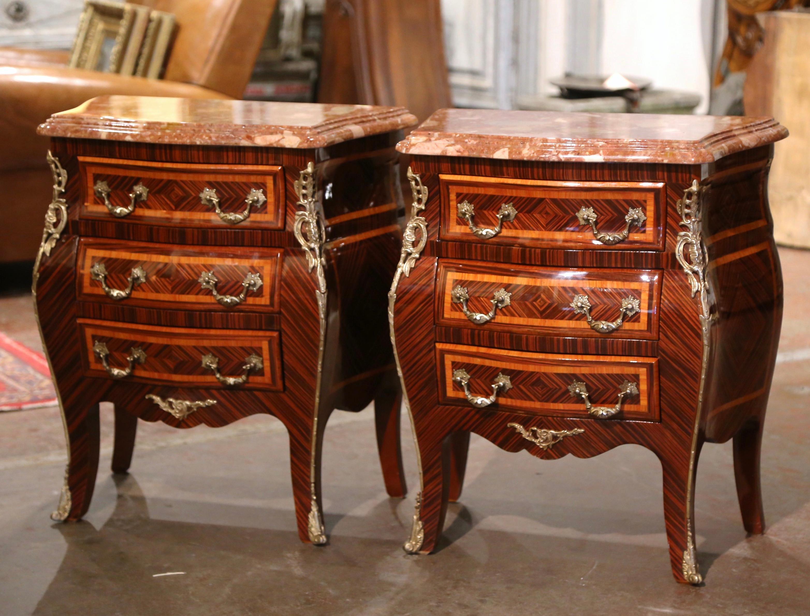 Carved Pair of Mid-Century Louis XV Marble Top Mahogany Inlaid Bedside Tables Chests 