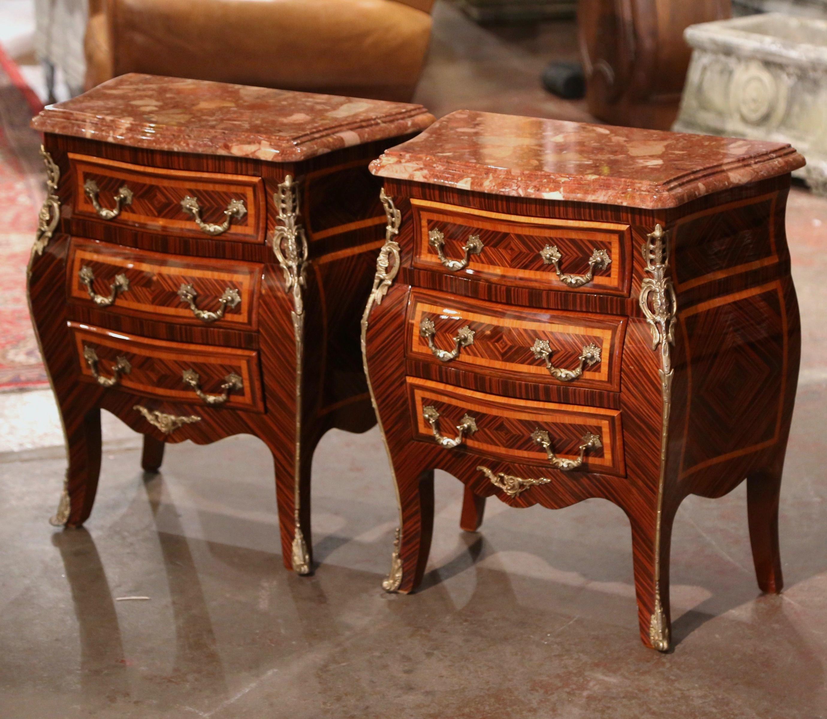 Pair of Mid-Century Louis XV Marble Top Mahogany Inlaid Bedside Tables Chests  In Good Condition In Dallas, TX