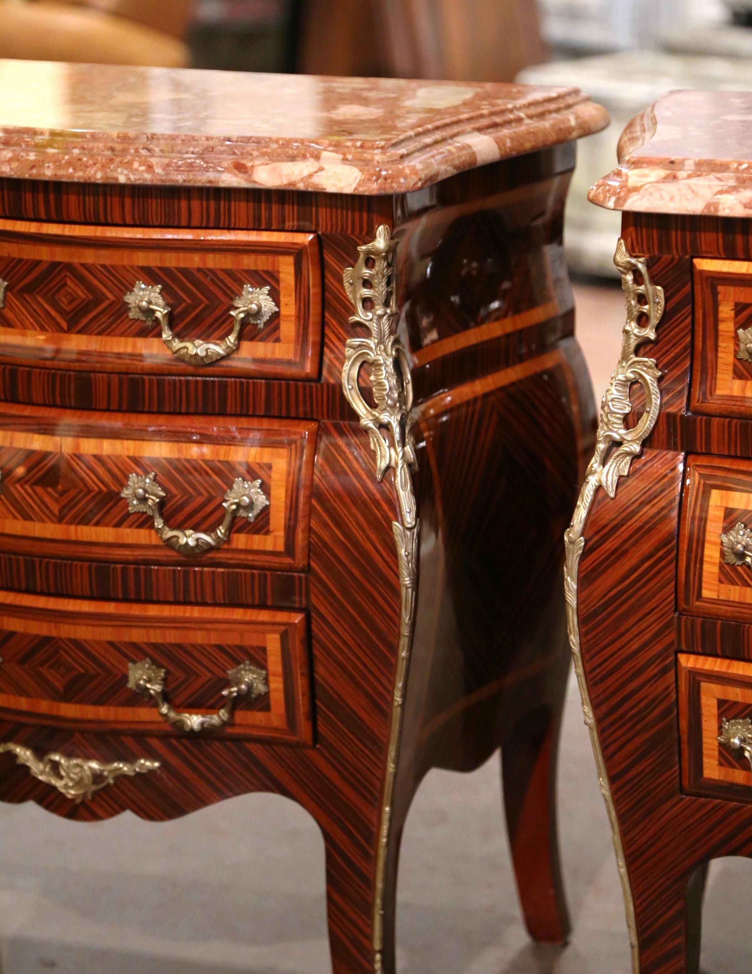20th Century Pair of Mid-Century Louis XV Marble Top Mahogany Inlaid Bedside Tables Chests 