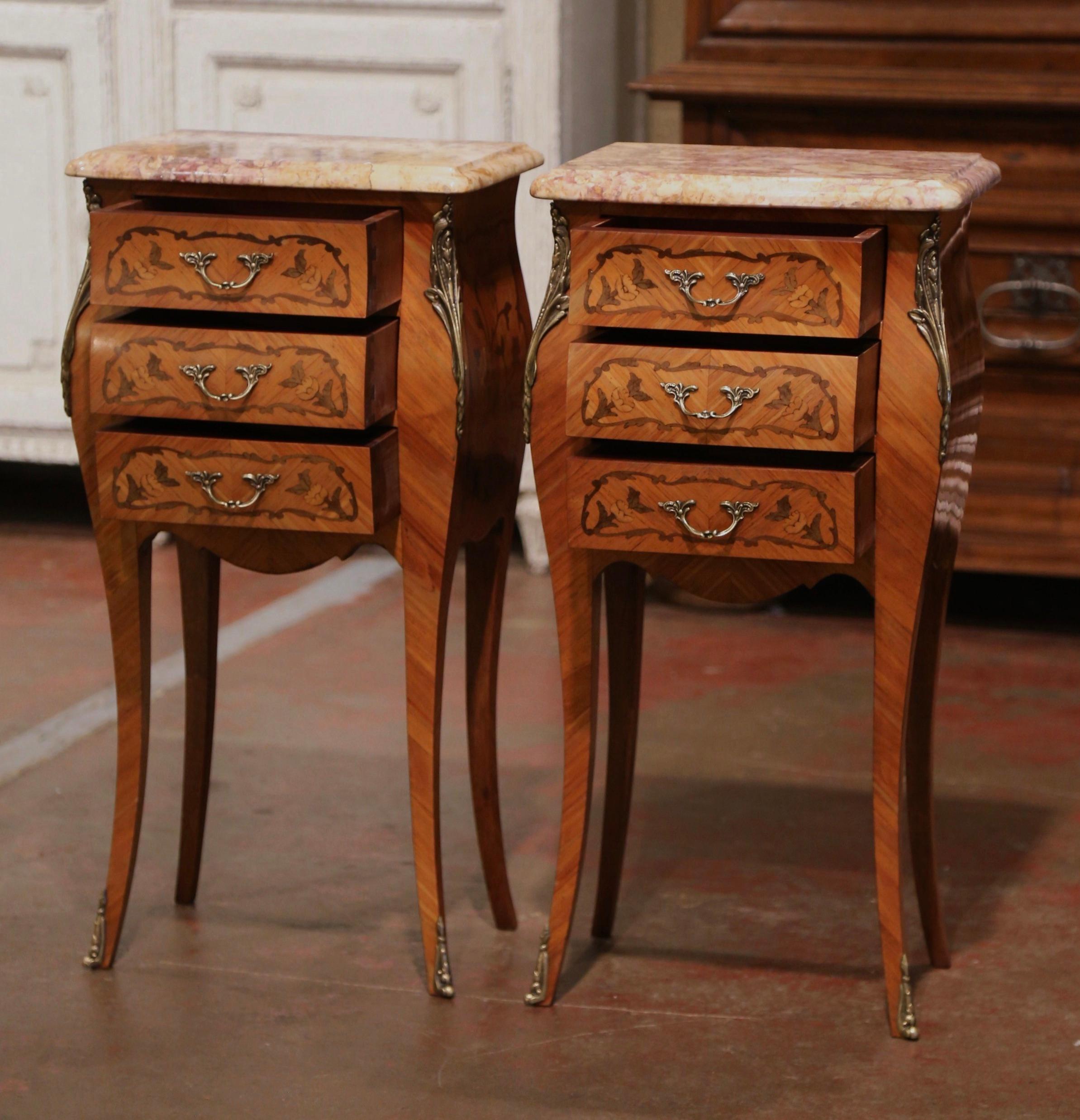 20th Century Pair of Mid-Century Louis XV Marble-Top Mahogany Marquetry Bedside Cabinets