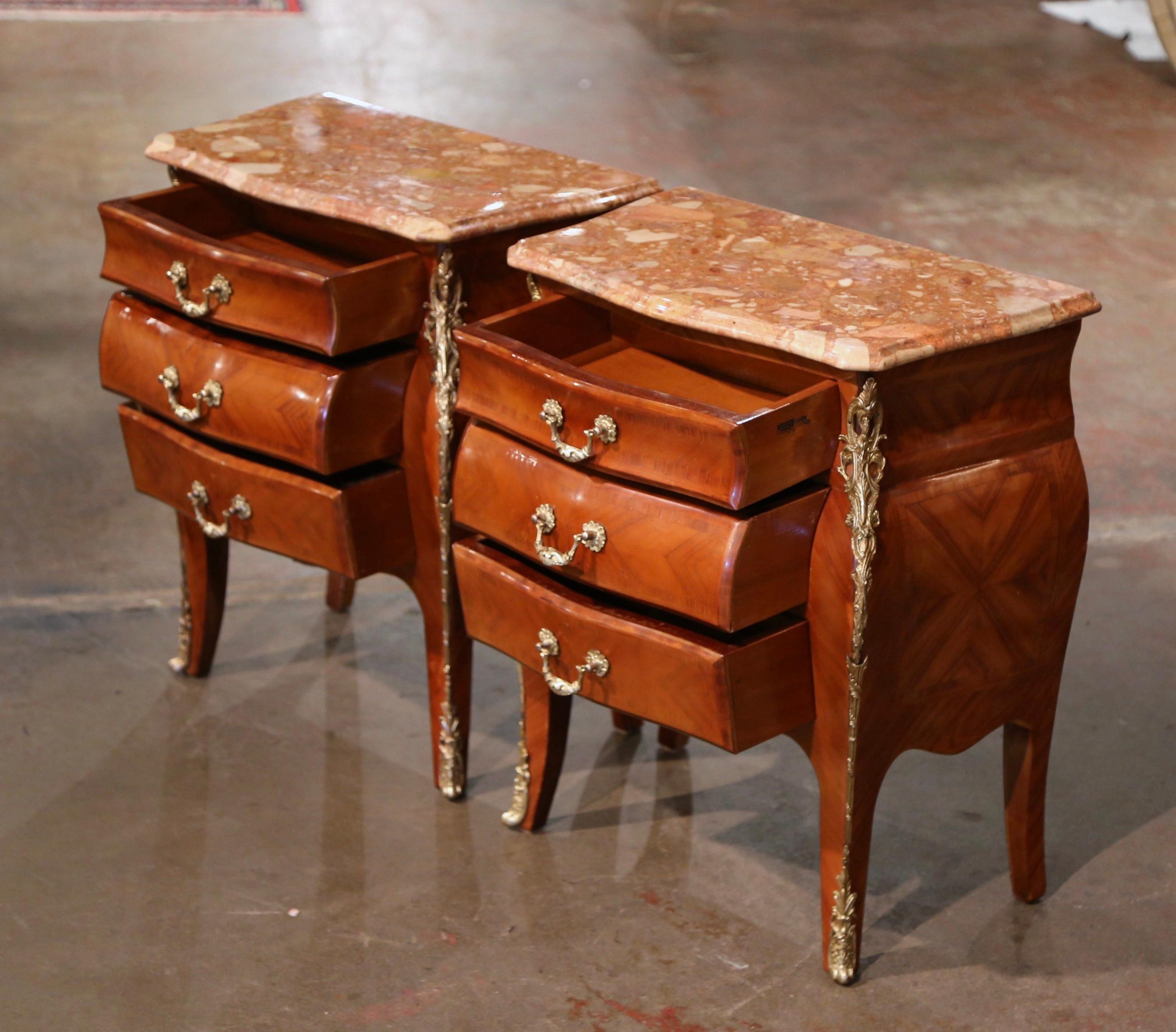 Pair of Mid-Century Louis XV Marble Top Walnut Three-Drawer Chests Nightstands For Sale 5