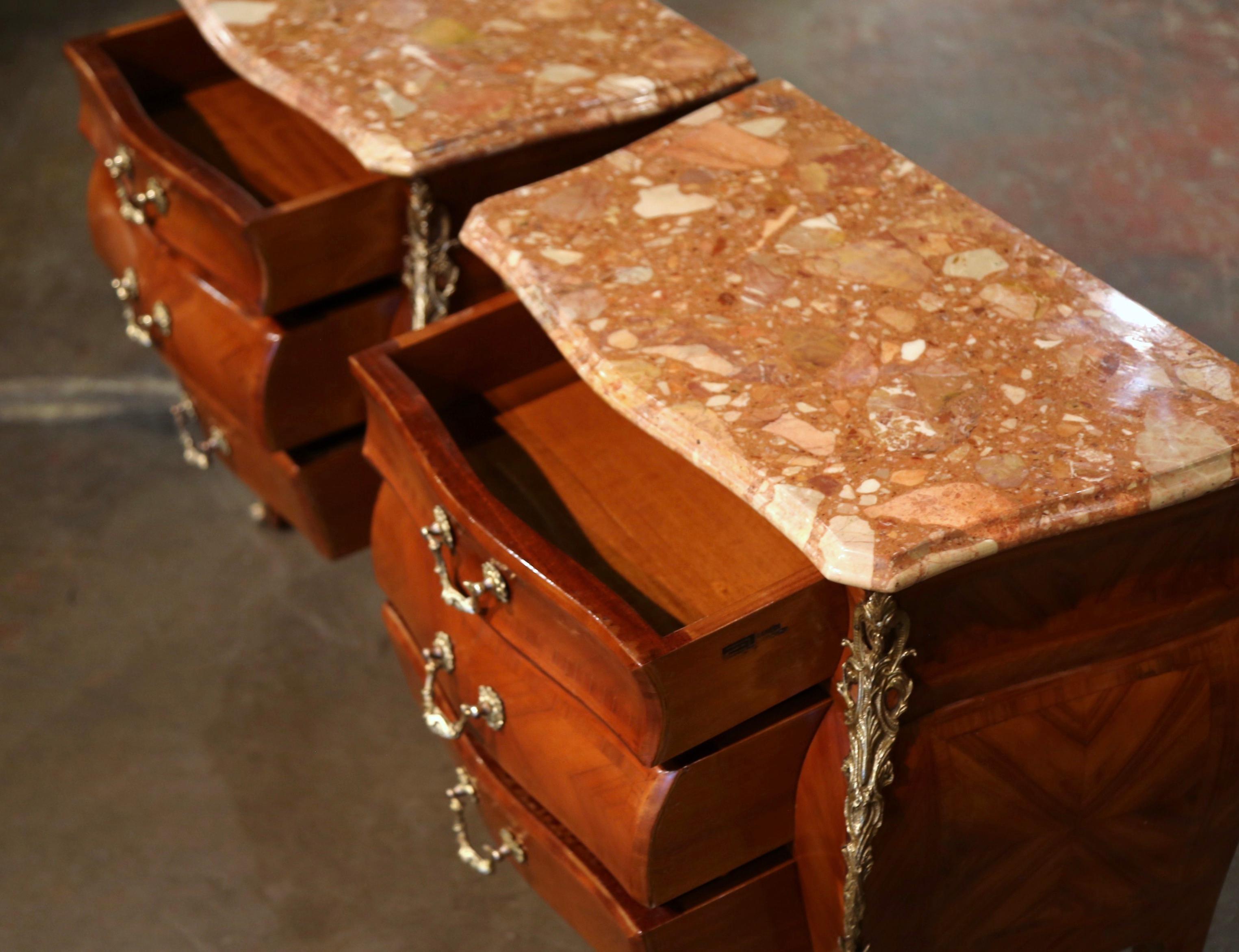 Pair of Mid-Century Louis XV Marble Top Walnut Three-Drawer Chests Nightstands For Sale 6