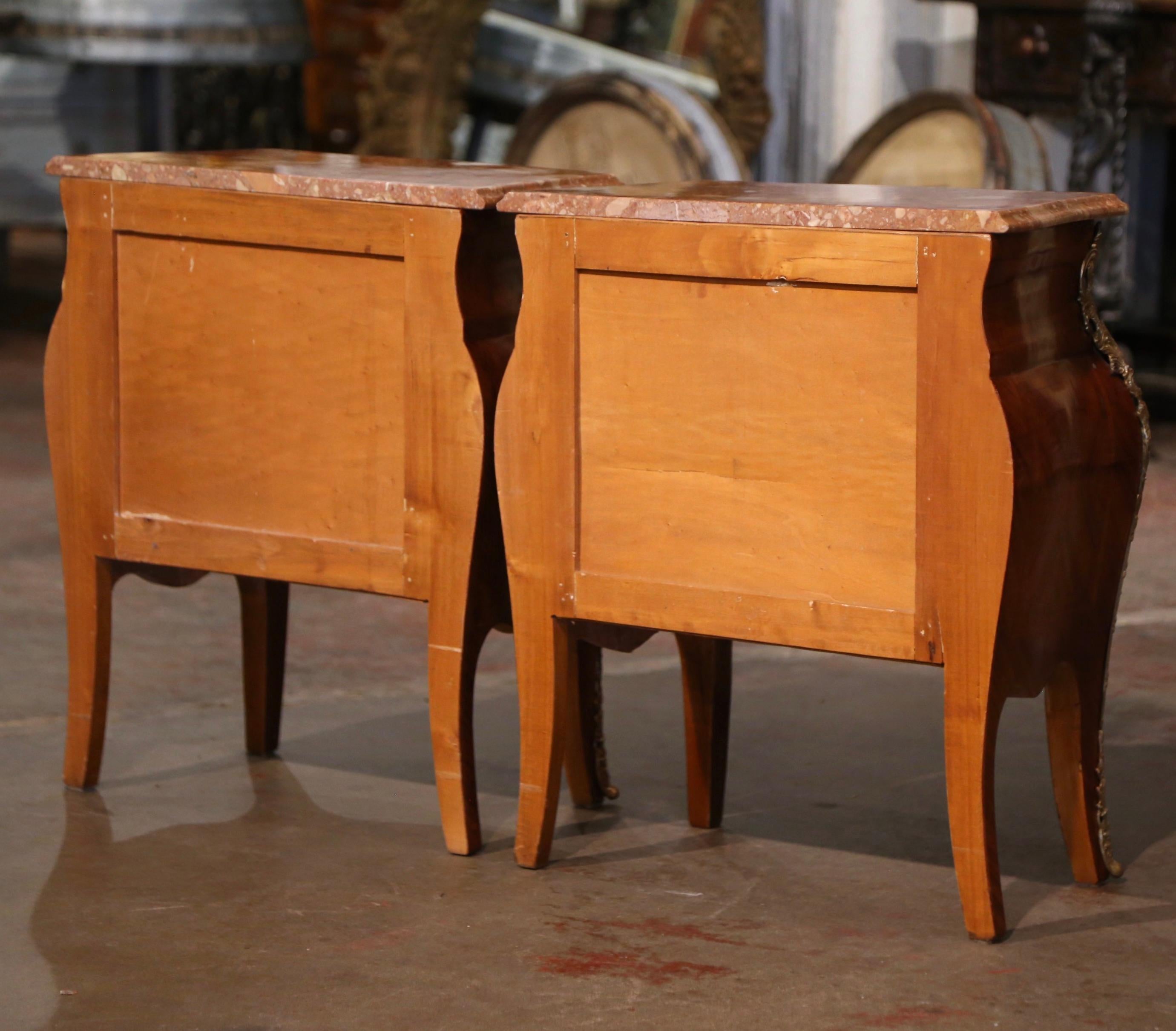 Pair of Mid-Century Louis XV Marble Top Walnut Three-Drawer Chests Nightstands For Sale 9