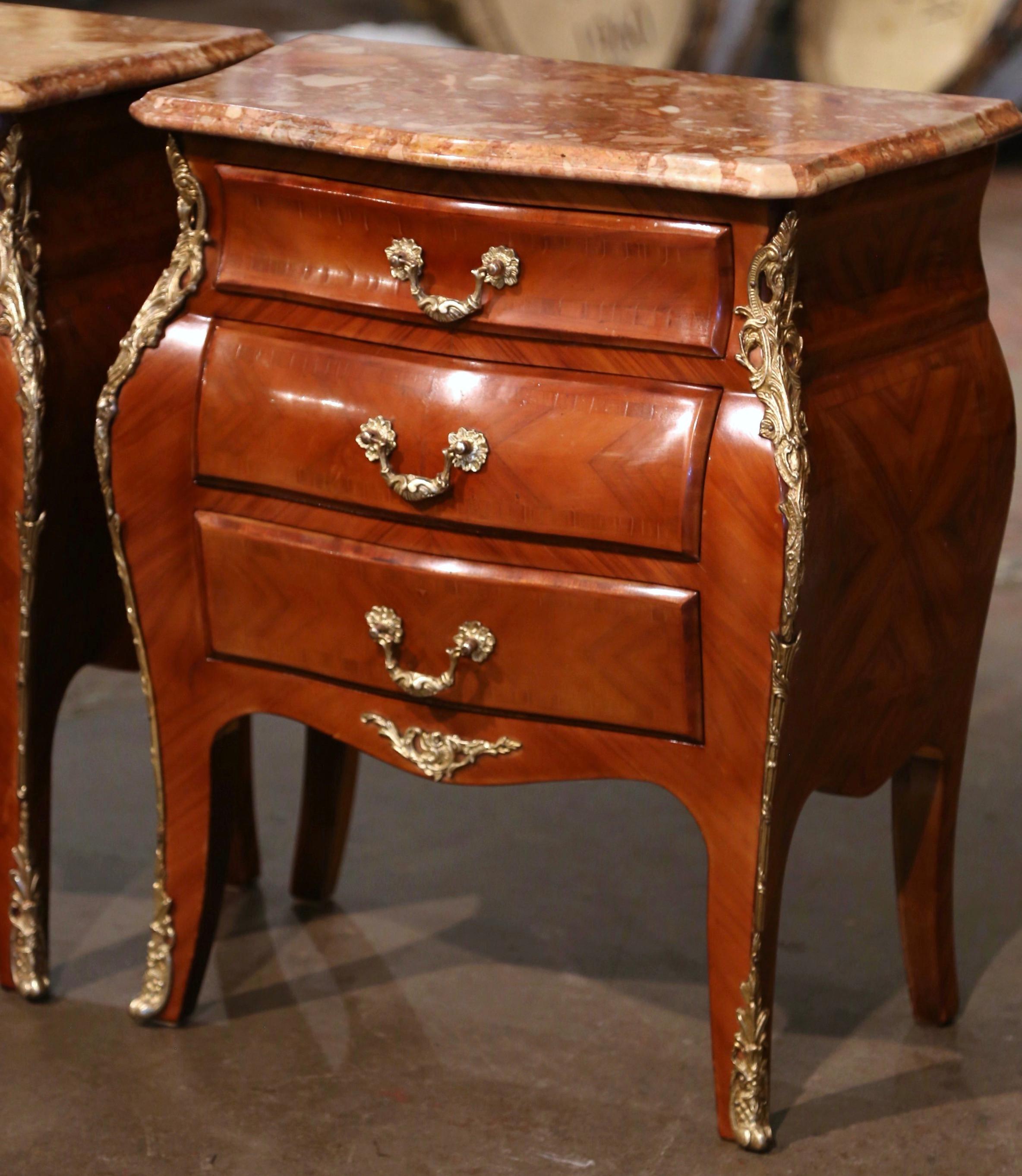 Veneer Pair of Mid-Century Louis XV Marble Top Walnut Three-Drawer Chests Nightstands For Sale