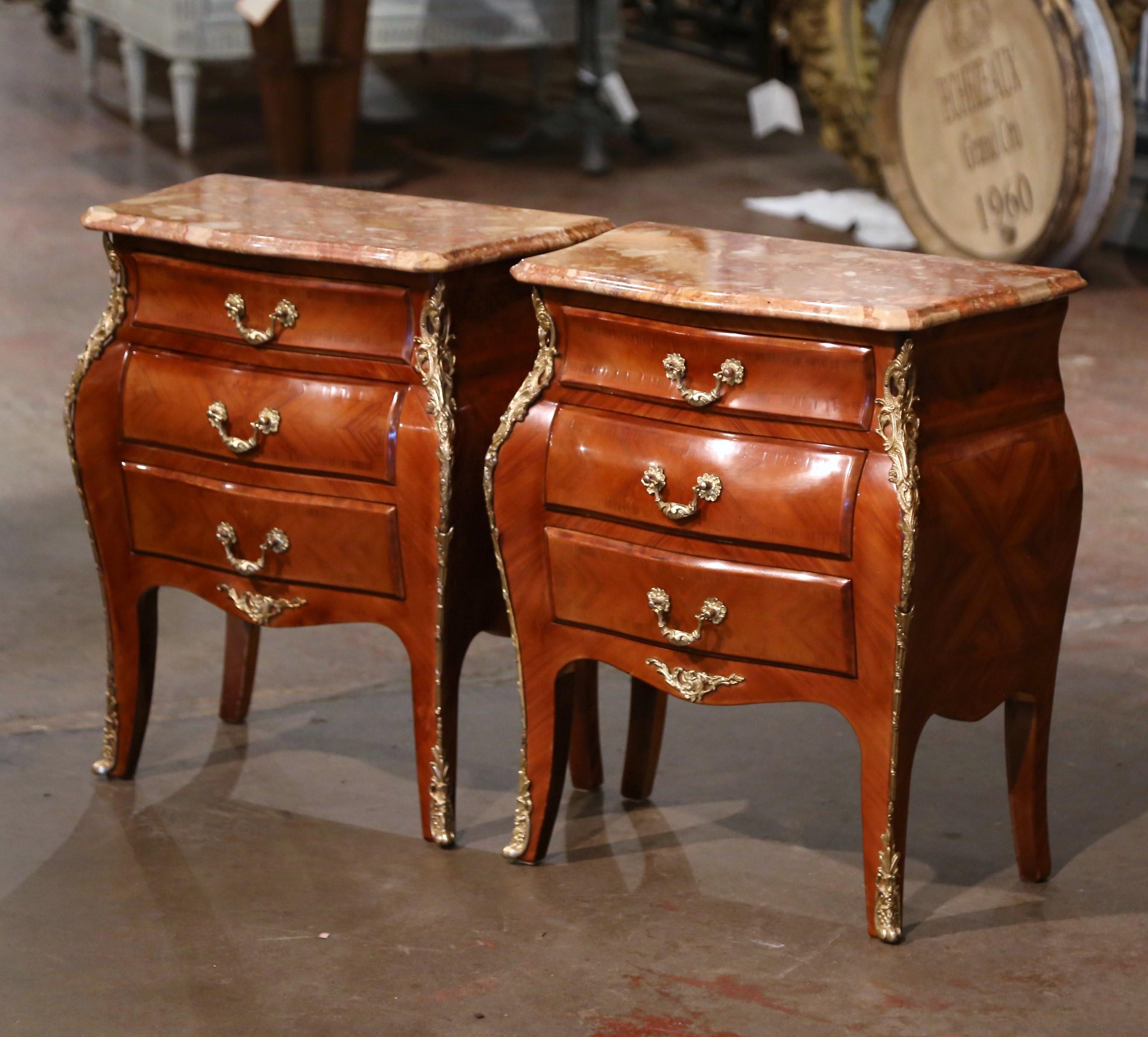 20th Century Pair of Mid-Century Louis XV Marble Top Walnut Three-Drawer Chests Nightstands For Sale