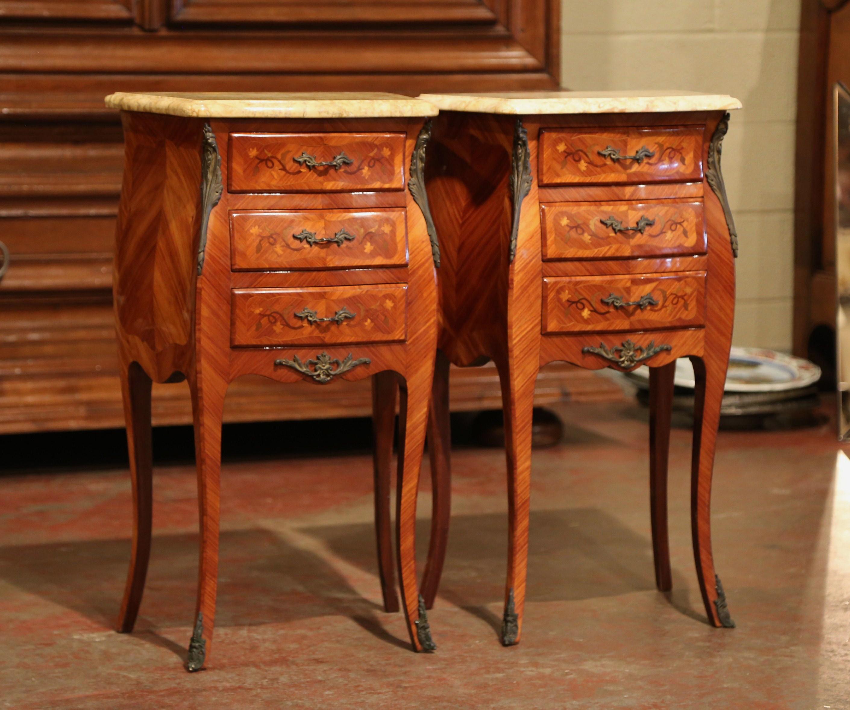 European Pair of Midcentury Louis XV Marquetry Bombe Nightstands with Marble Top