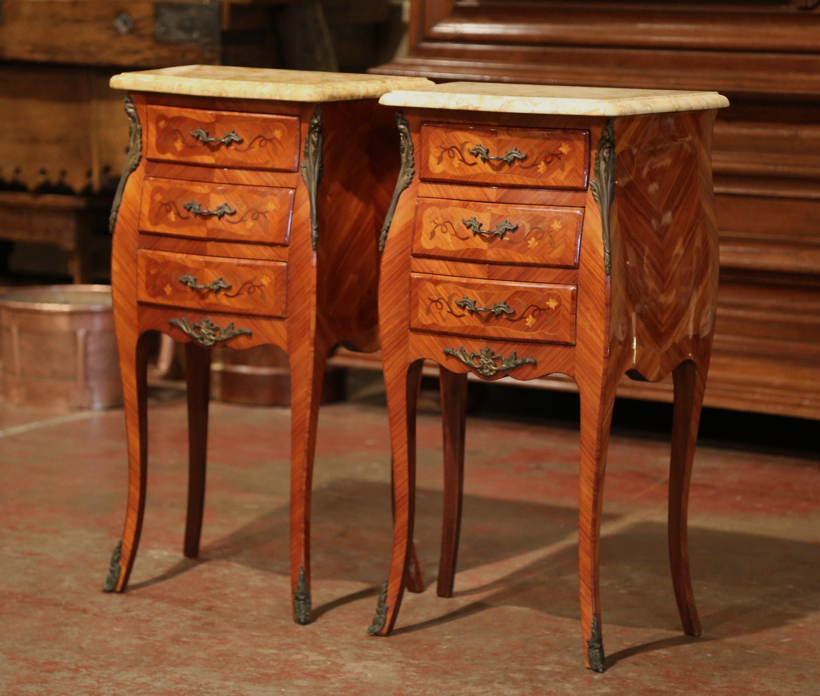 20th Century Pair of Midcentury Louis XV Marquetry Bombe Nightstands with Marble Top