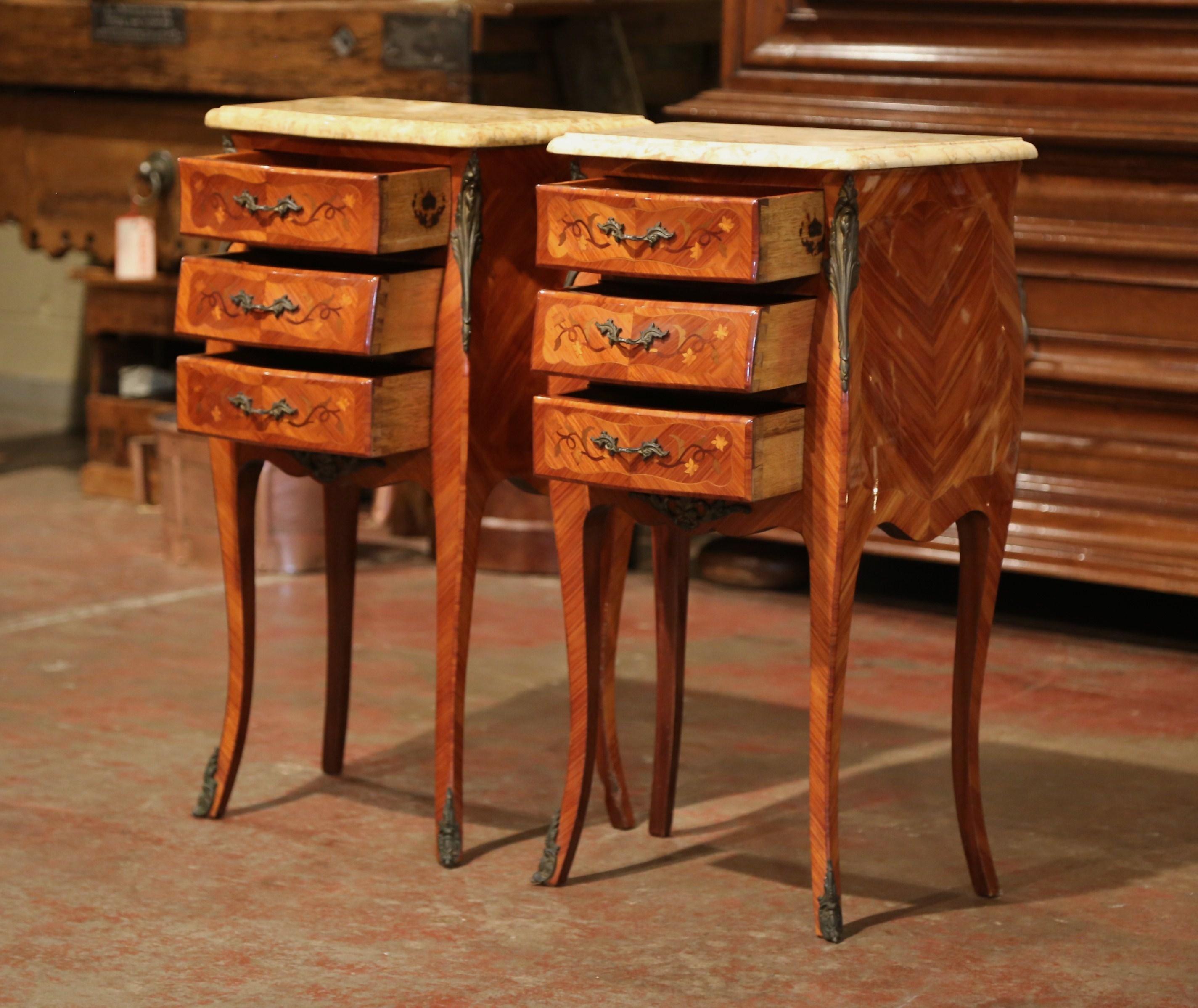 Pair of Midcentury Louis XV Marquetry Bombe Nightstands with Marble Top 2