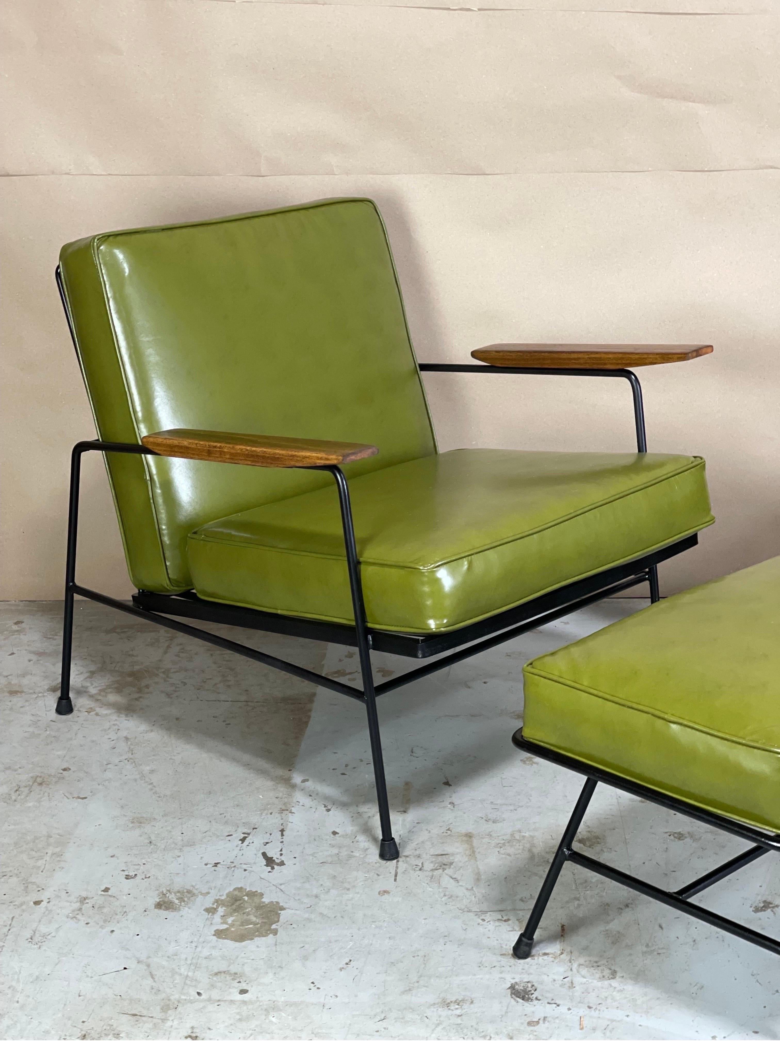 Excellent set of iron lounge chairs attributed to Max Stout for The Blacksmith Shop of Raleigh, NC 1959. These rarely surface and are usually attributed to Richard McCarthy for Selrite - but having the original tag shows that is wrong, and the one